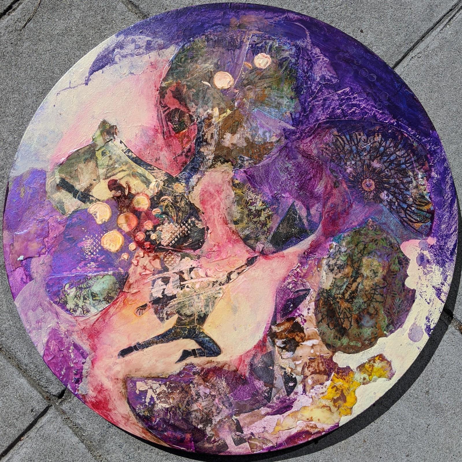 Jennifer Blalack Abstract Painting - Dawn - Circular Canvas with Mixed Media Abstract in Purple