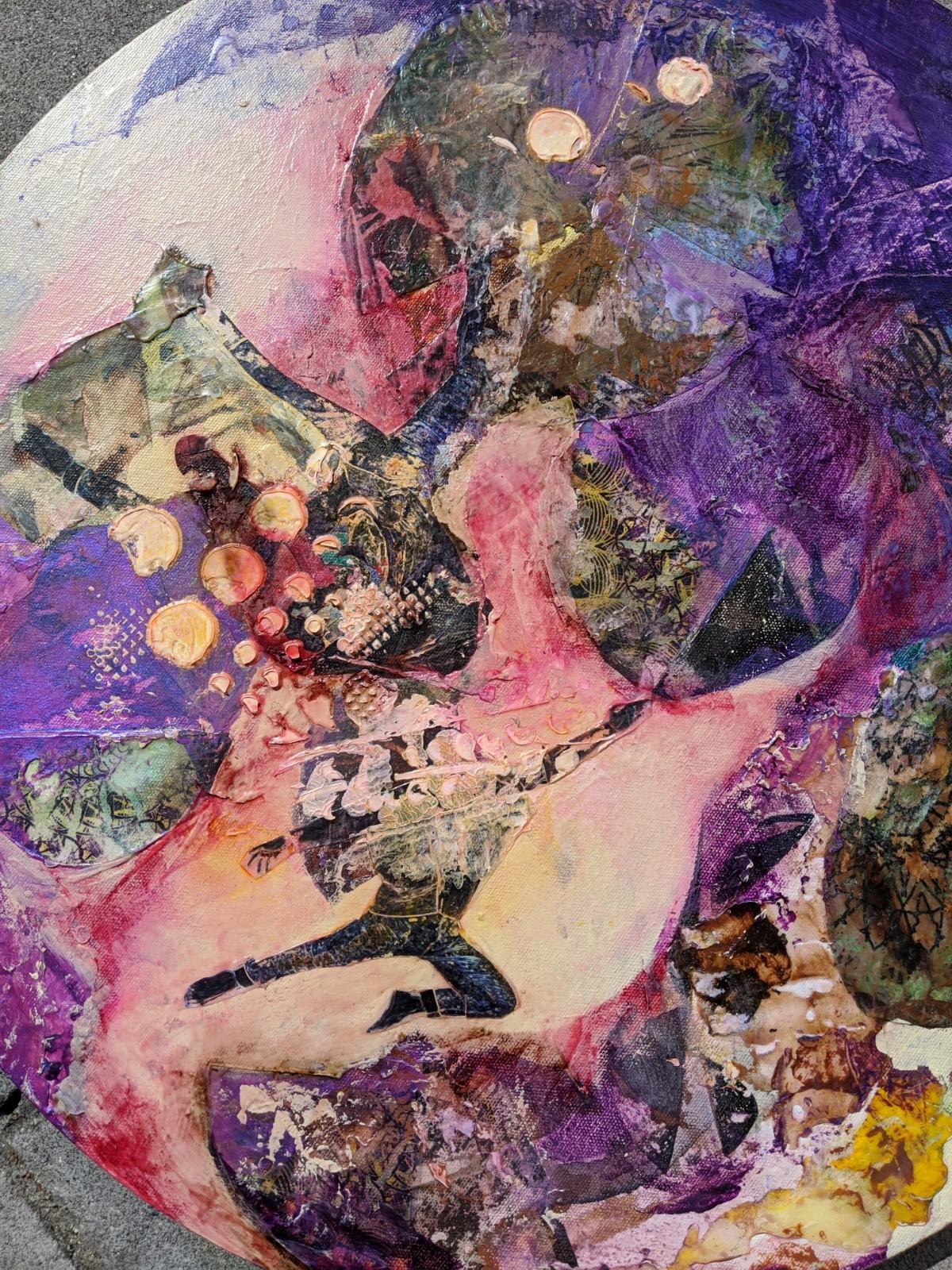 Dawn - Circular Canvas with Mixed Media Abstract in Purple - Painting by Jennifer Blalack