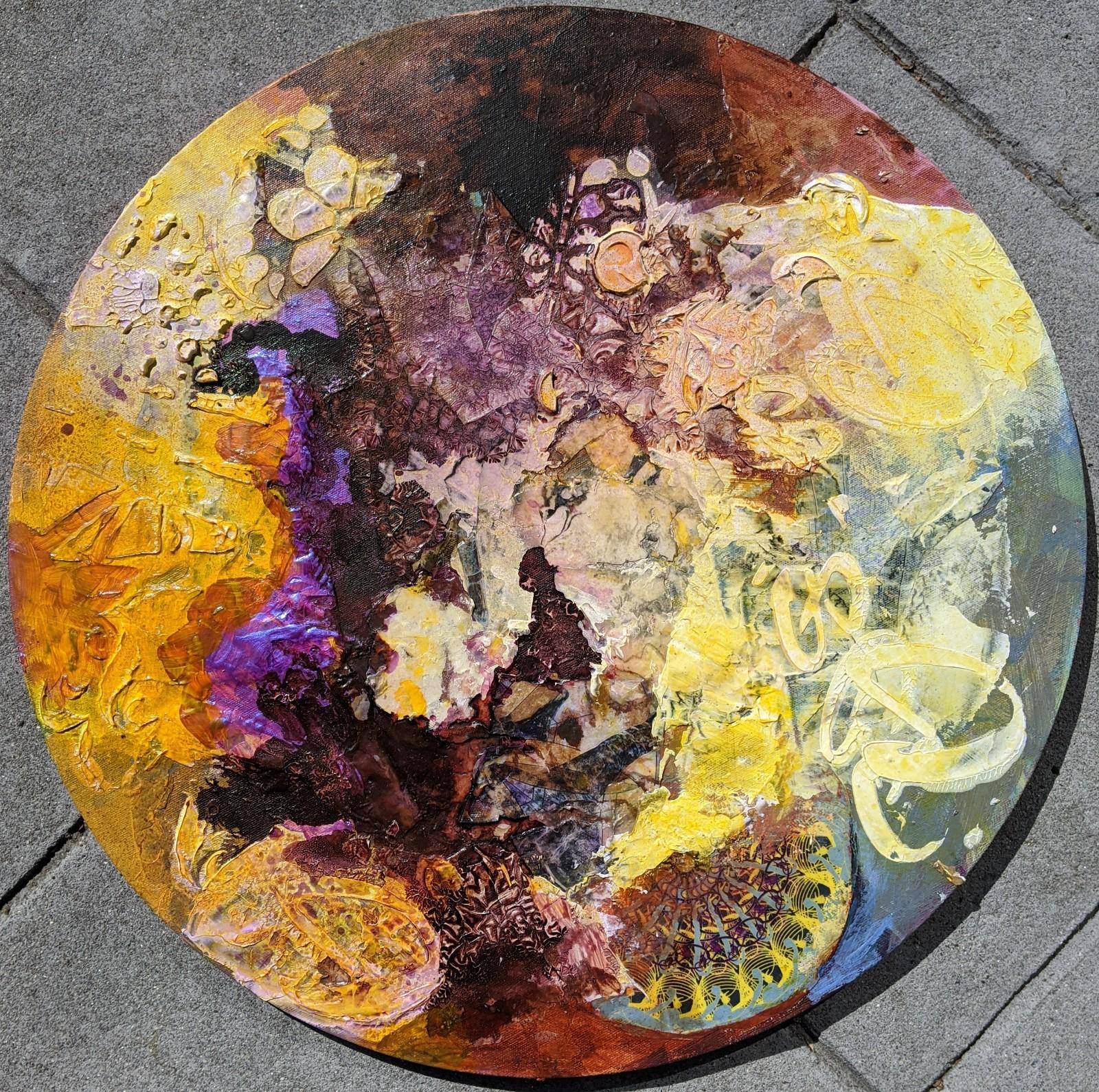 Jennifer Blalack Abstract Painting - Mythology - Circular Canvas with Mixed Media Abstract in Yellow and Purple 