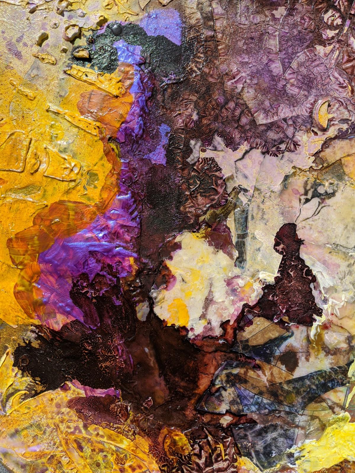 Mythology - Circular Canvas with Mixed Media Abstract in Yellow and Purple  - Painting by Jennifer Blalack