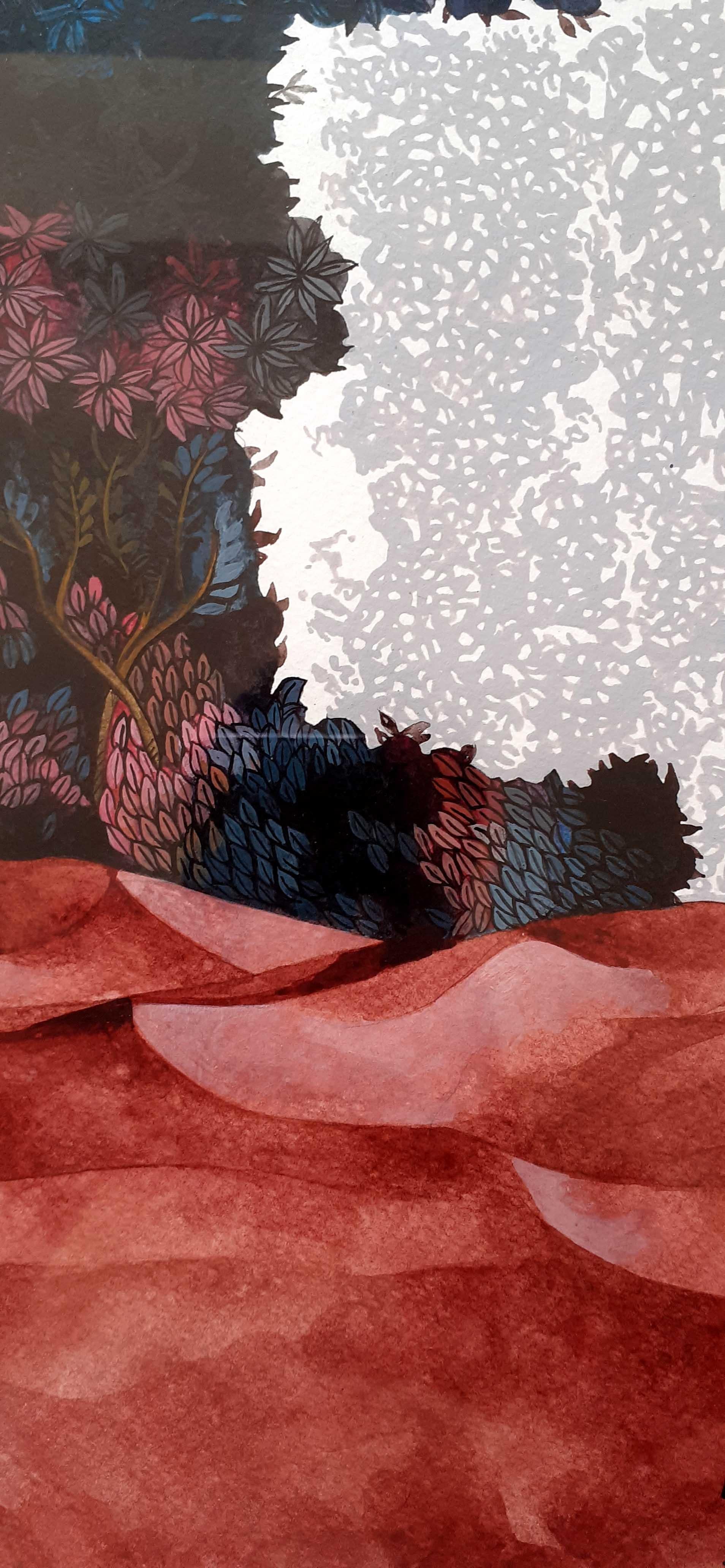Voluntad Alarmante II- Paisaje Figurativo Surrealista en Gris + Borgoña - Painting de Binay Sinha