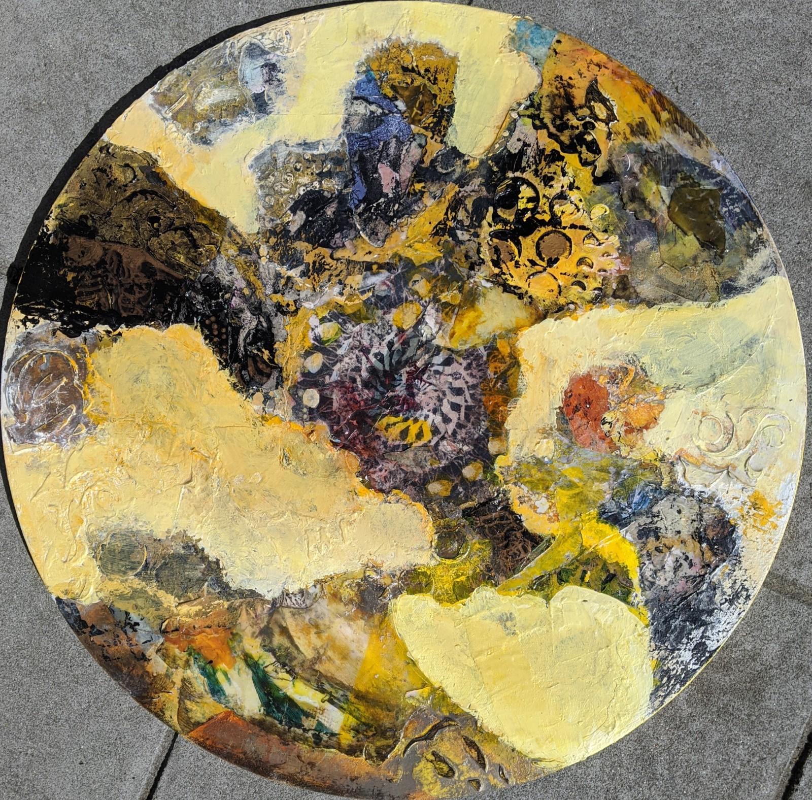 Fury- Round Mixed Media Abstract Painting in Yellow Ochre Brown Circle - Mixed Media Art by Jennifer Blalack