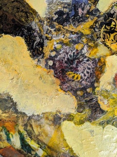 Fury- Round Mixed Media Abstract Painting in Yellow Ochre Brown Circle (en anglais)