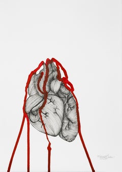 Heartbeat- Framed Ink on Paper, Black, White, Red Drawing of Bleeding Heart 