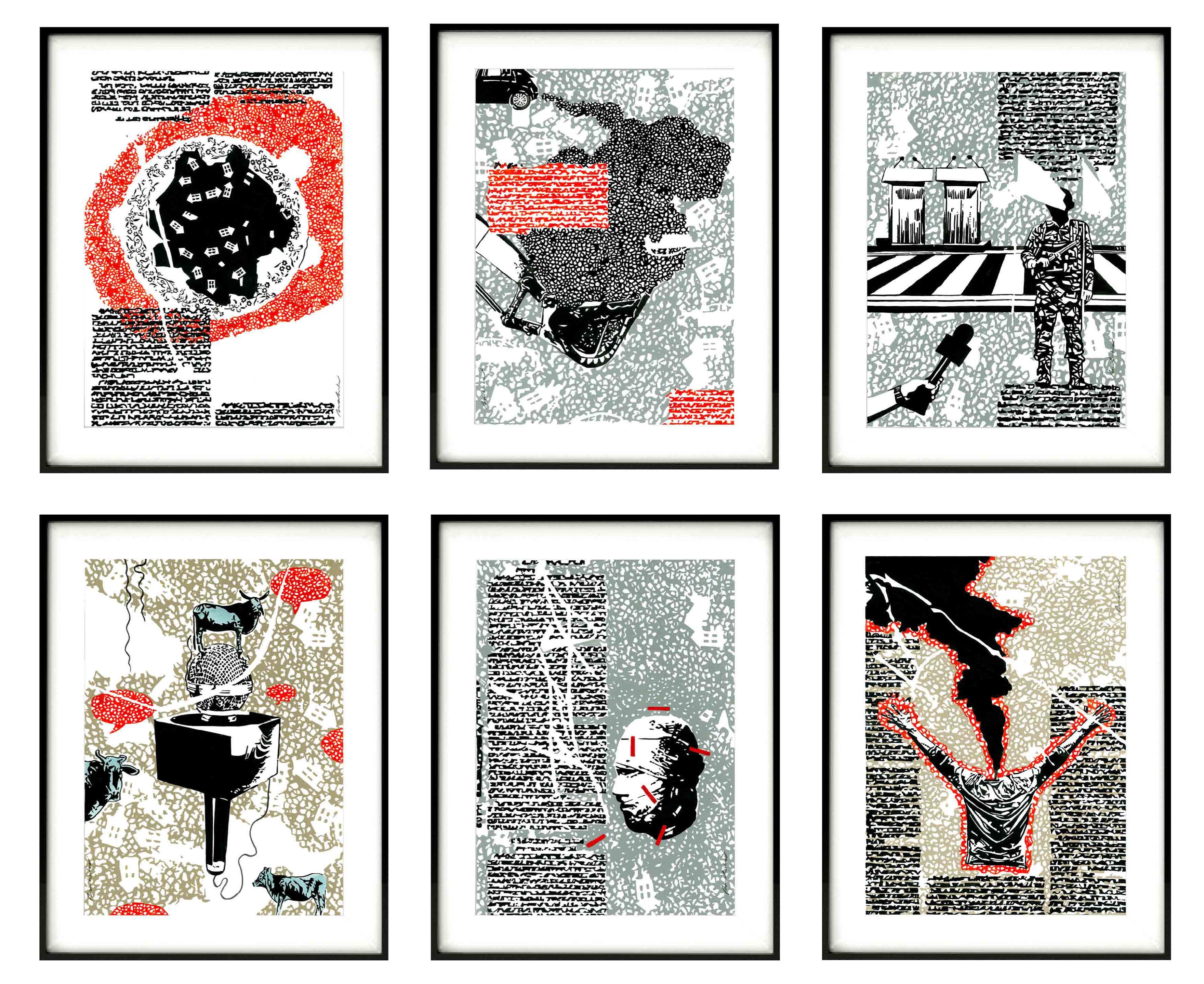 Mordiscos de Materia Trivial-3er Panel de la Serie de 6 Piezas del Artista Indio Binay Sinha en venta 2