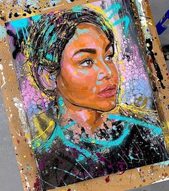 "V" Colorful painting of Black Woman / Female Portrait Purple, Brown