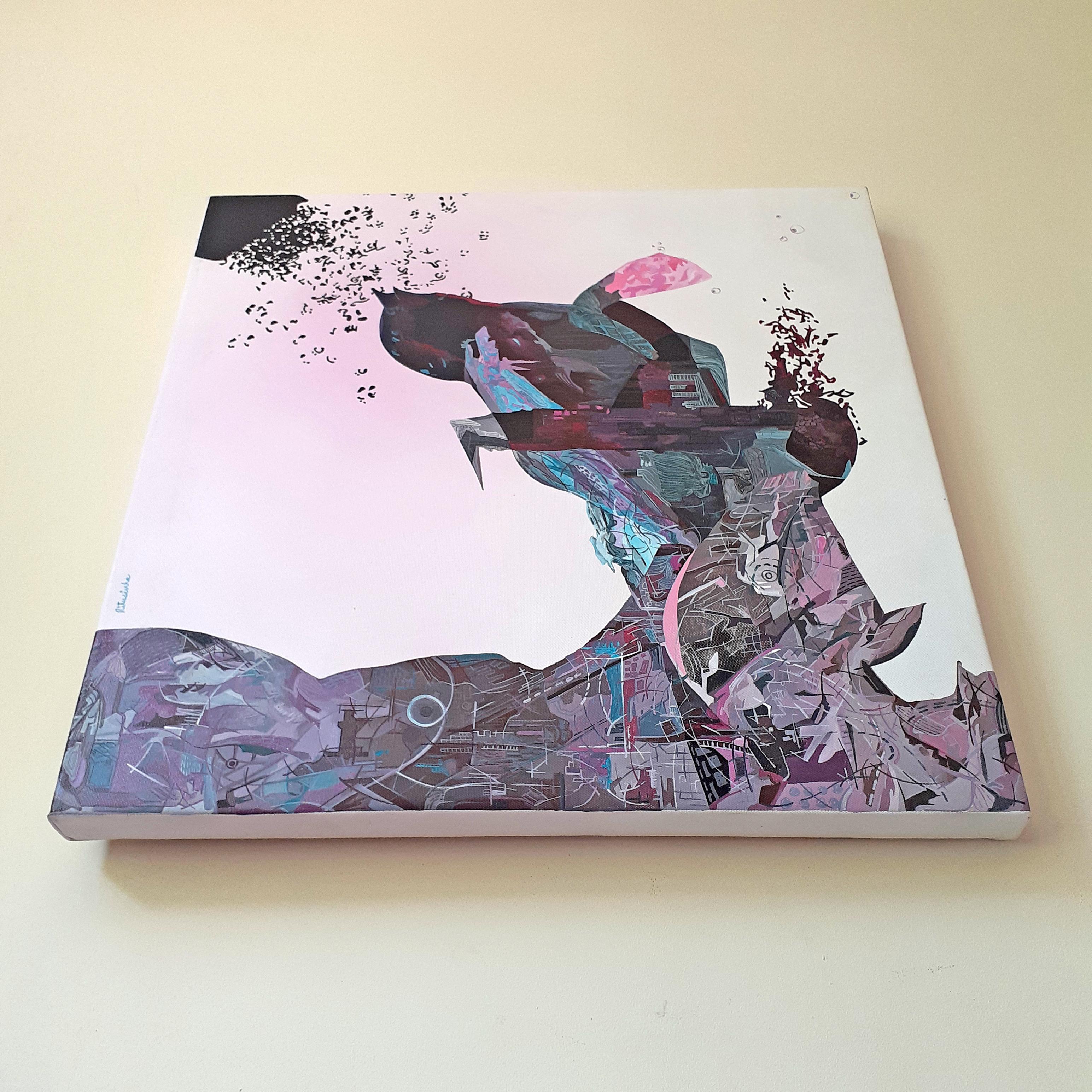 I Believe I Can Fly -Incredible 5 Panel Painting in Pink + Grey by Indian Artist For Sale 1
