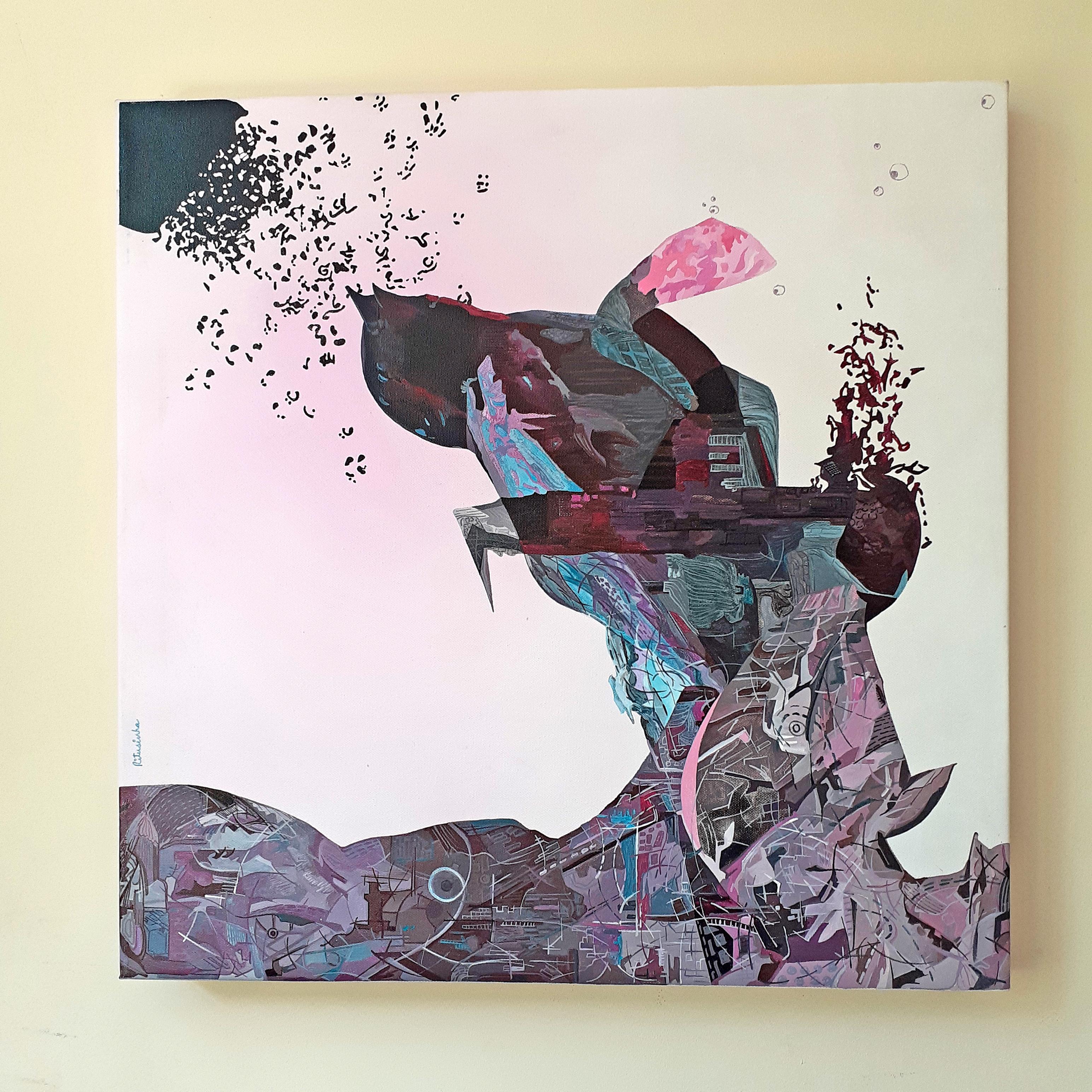 I Believe I Can Fly -Incredible 5 Panel Painting in Pink + Grey by Indian Artist For Sale 2