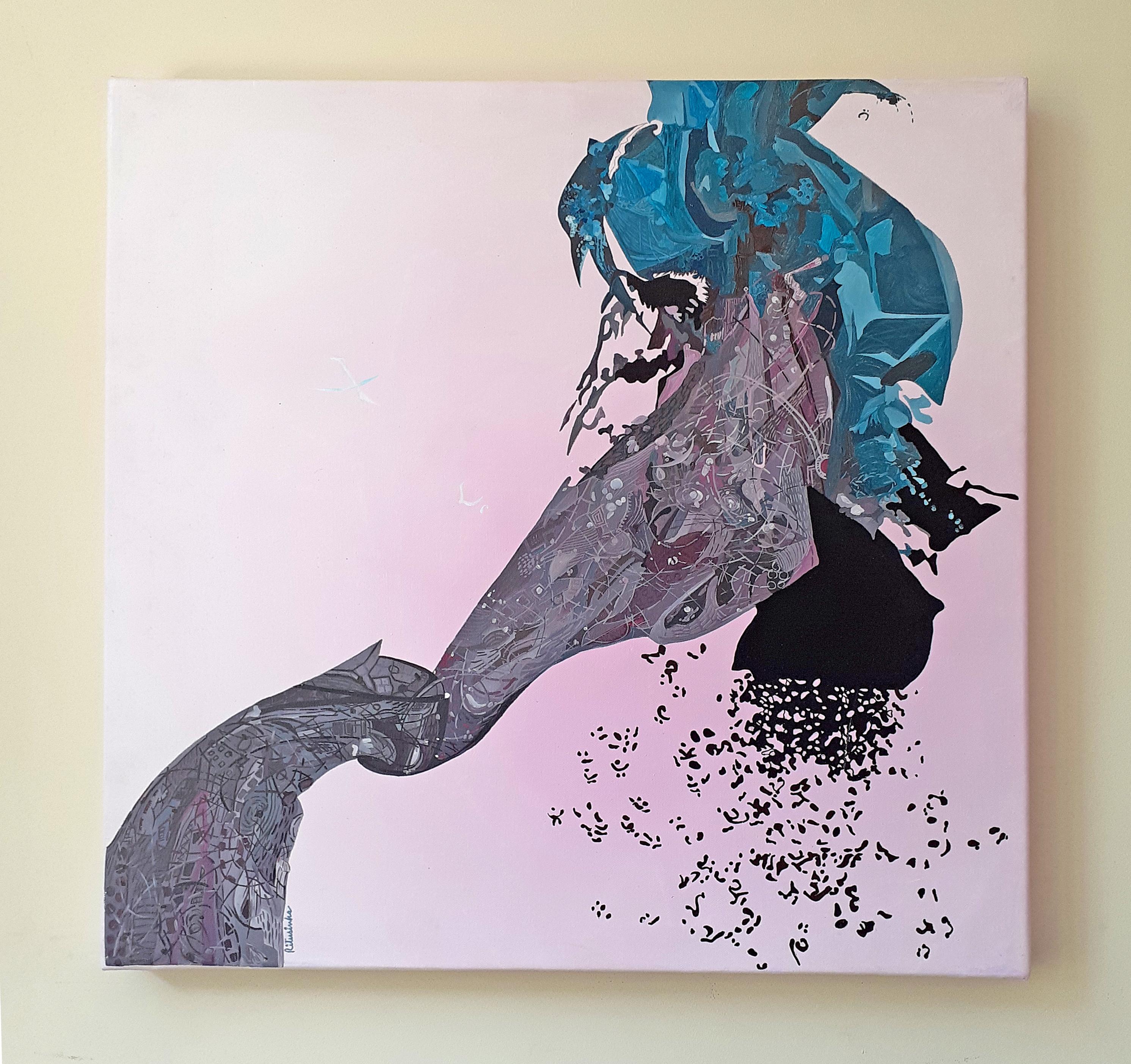 I Believe I Can Fly -Incredible 5 Panel Painting in Pink + Grey by Indian Artist For Sale 7