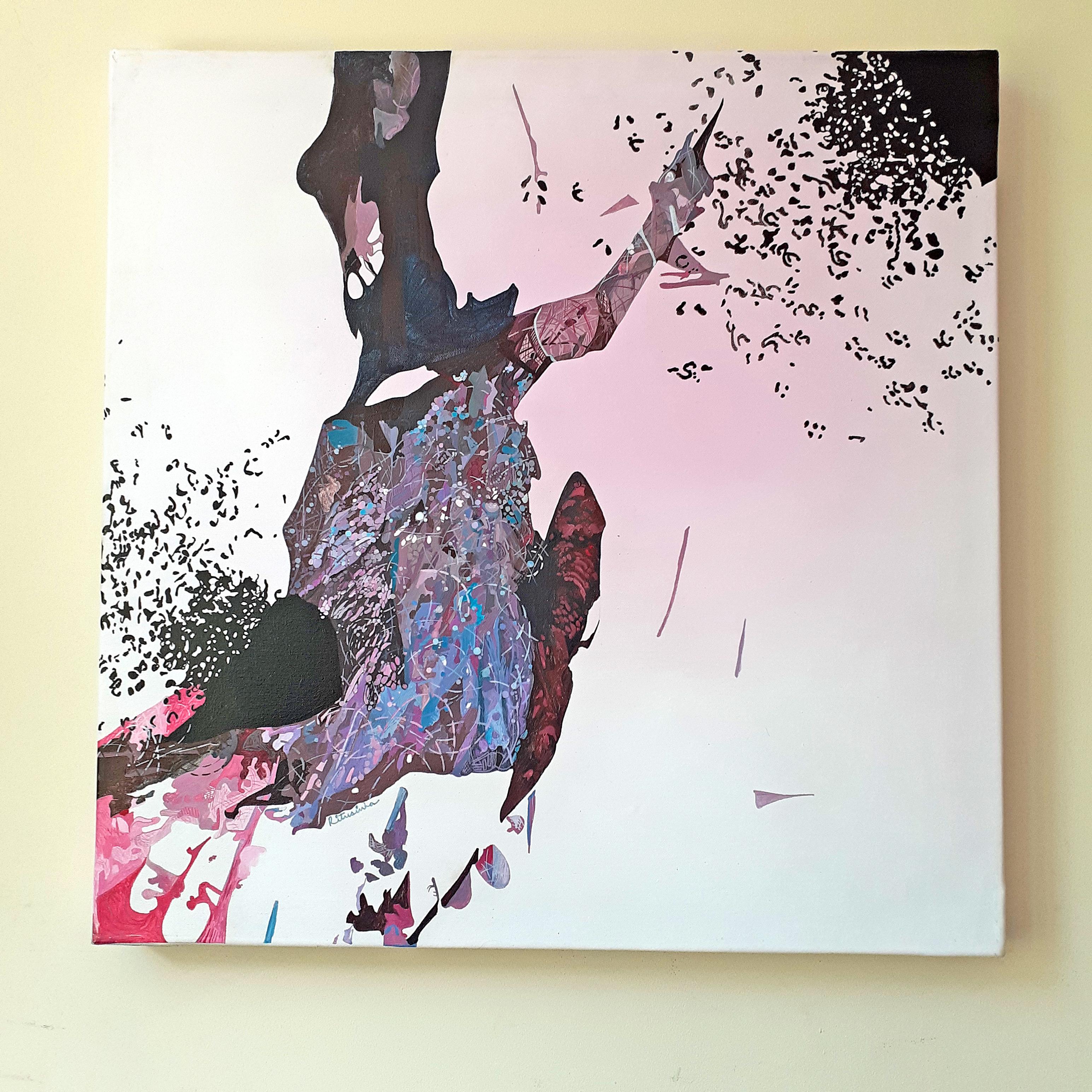 I Believe I Can Fly -Incredible 5 Panel Painting in Pink + Grey by Indian Artist For Sale 8