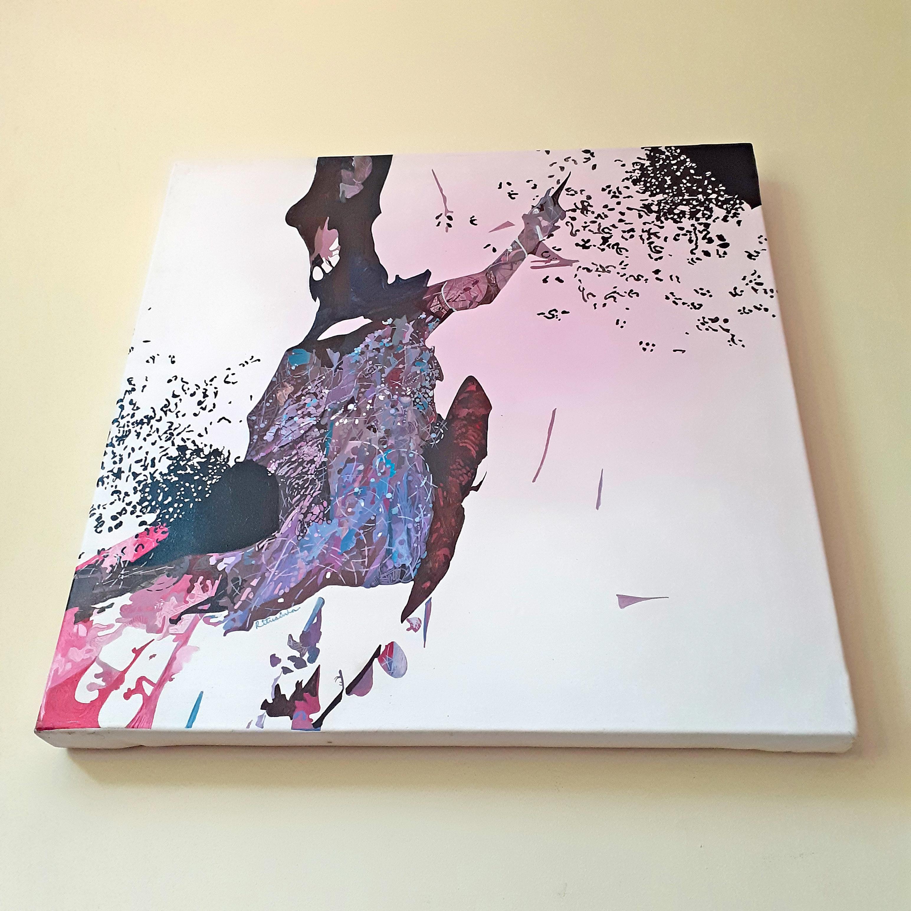 I Believe I Can Fly - Unglaubliches 5-Paneel-Gemälde in Rosa + Grau von indischem Künstler im Angebot 11