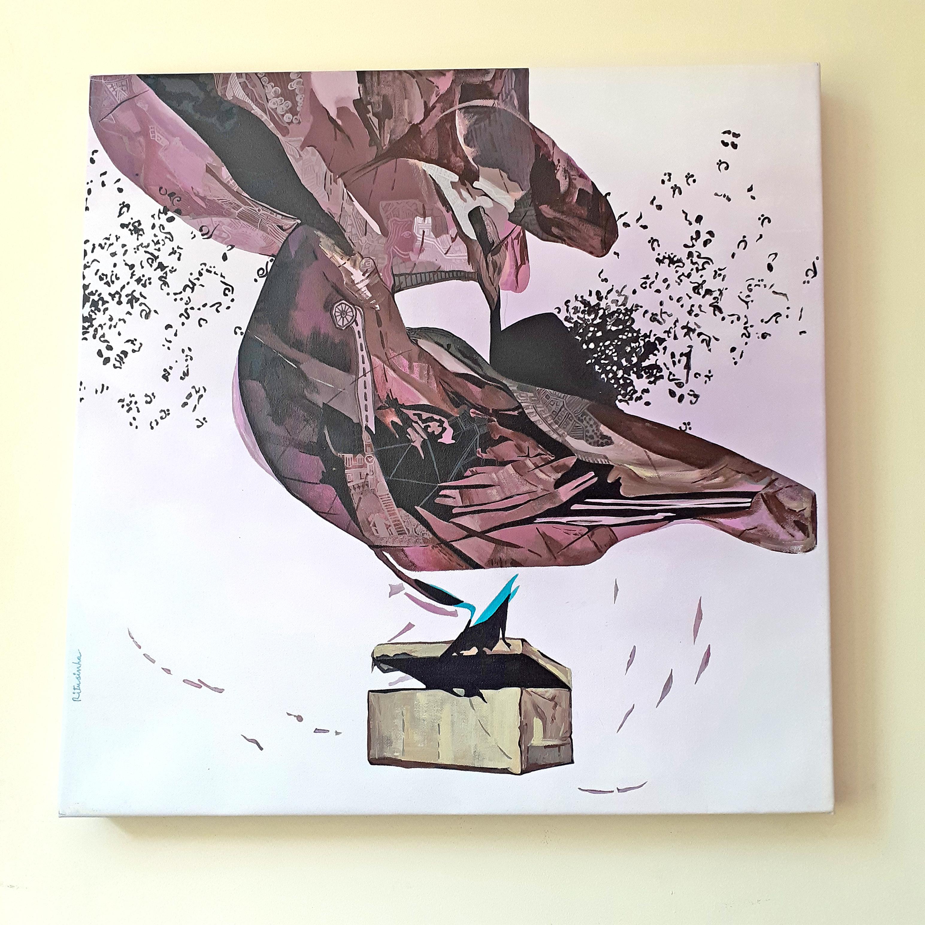 I Believe I Can Fly - Unglaubliches 5-Paneel-Gemälde in Rosa + Grau von indischem Künstler im Angebot 12
