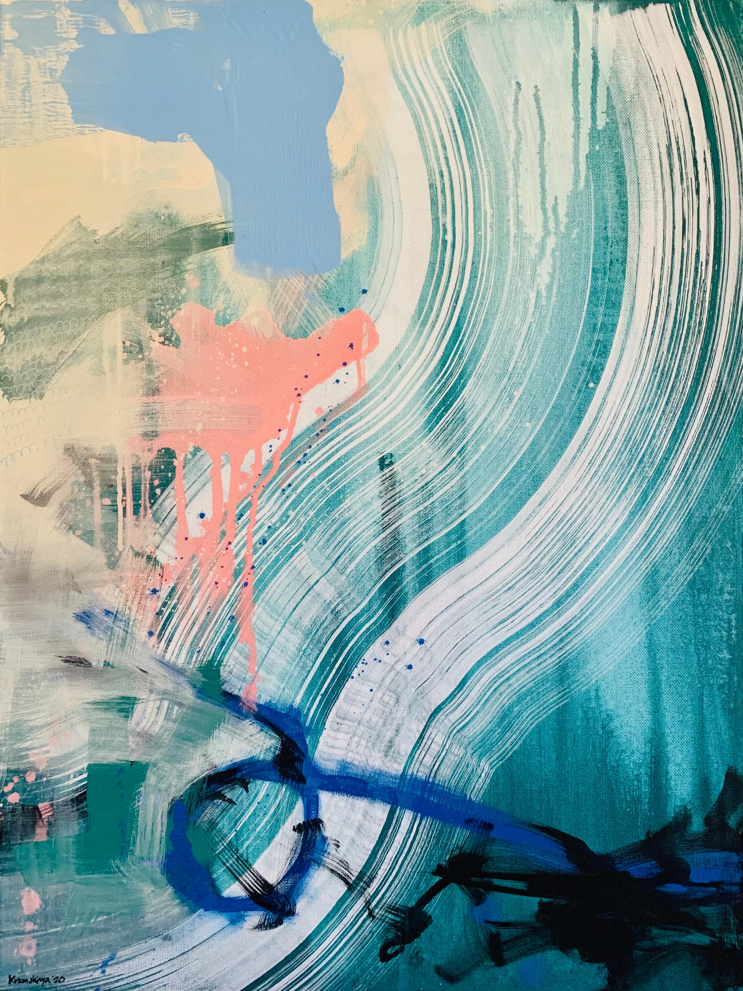 Just Breathe- Abstract Acrylic on Canvas - Grey, Pink, Teal, Blue - Mixed Media Art by Natasha Kramskaya
