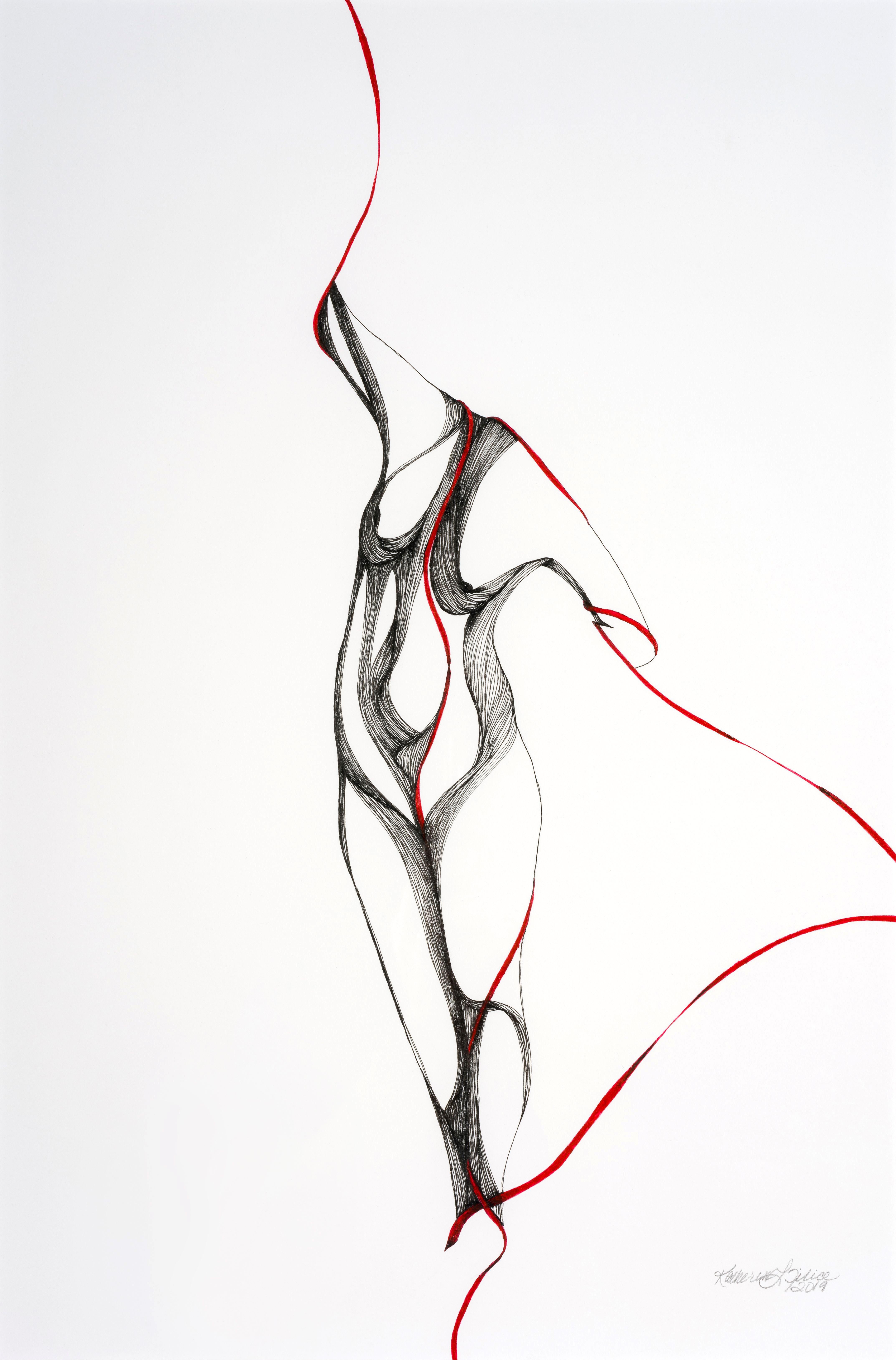 Pose Three Study I - Black, White and Red Nude Figure Drawing in Pen and Ink - Art by Katherine Filice