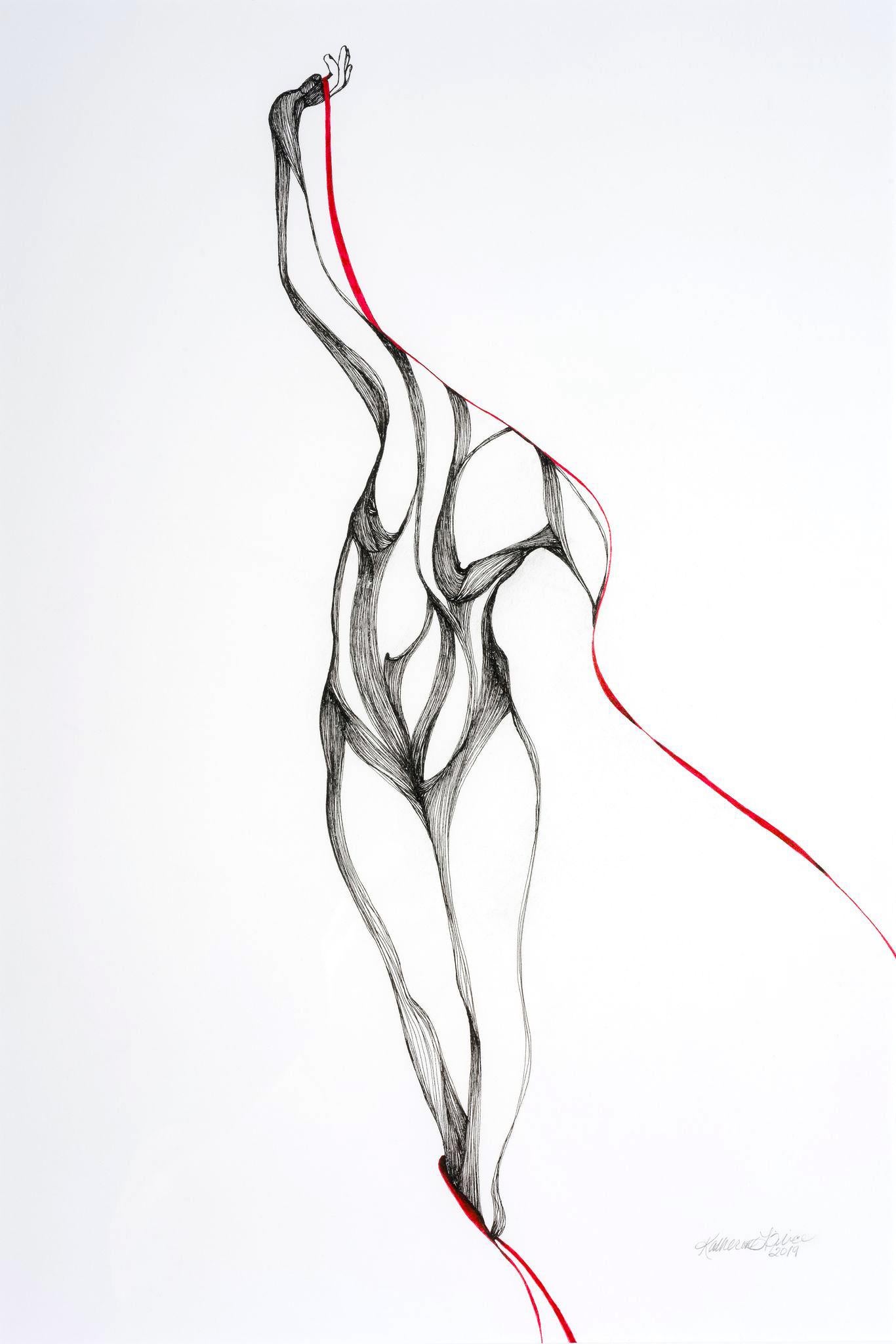 Pose trois Étude III - Dessin figuratif en noir, blanc et rouge - Art de Katherine Filice