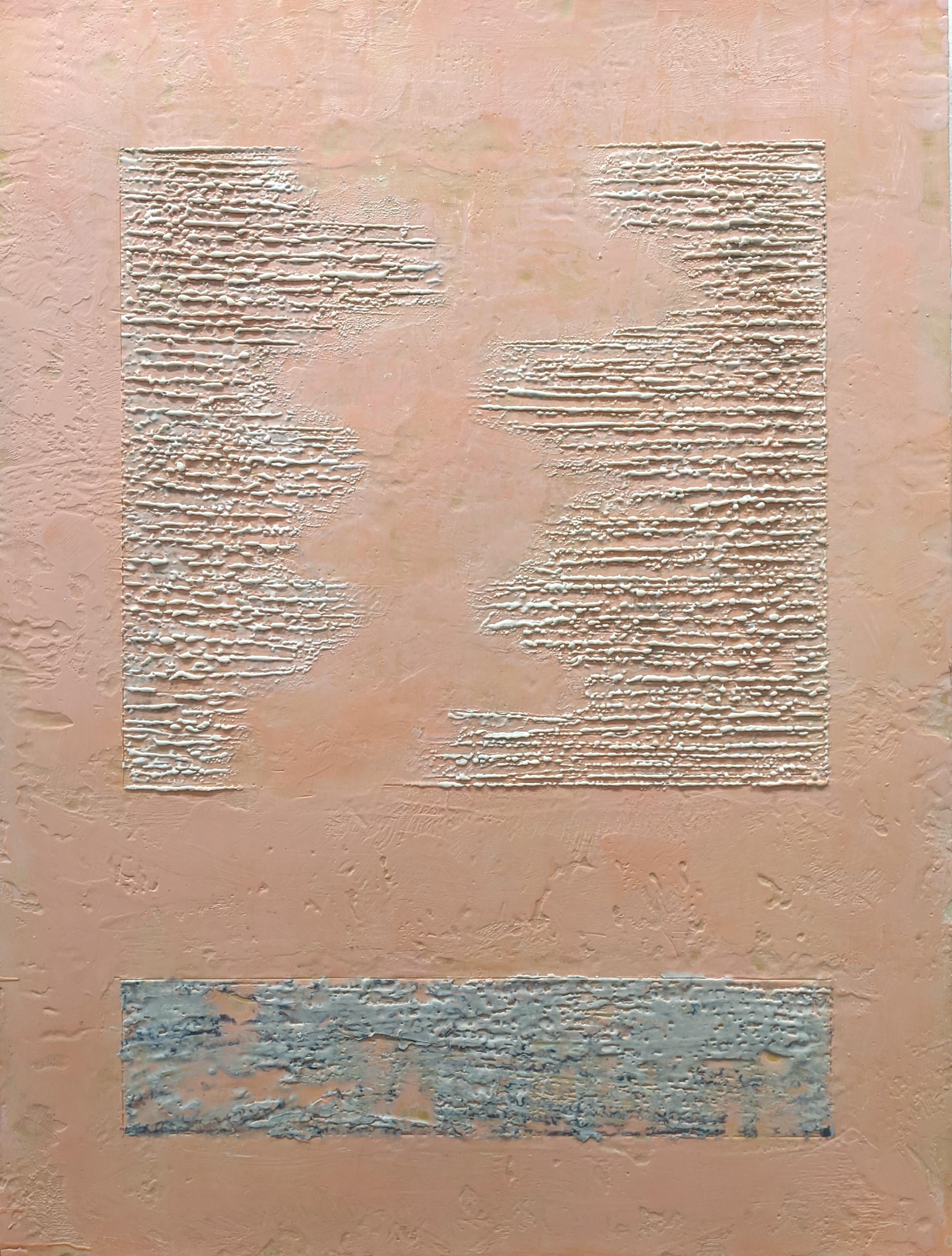 Linda Frueh Abstract Painting - Desert Runes - Gorgeous Landscape Encaustic Painting in Grey, Pink and Cream 
