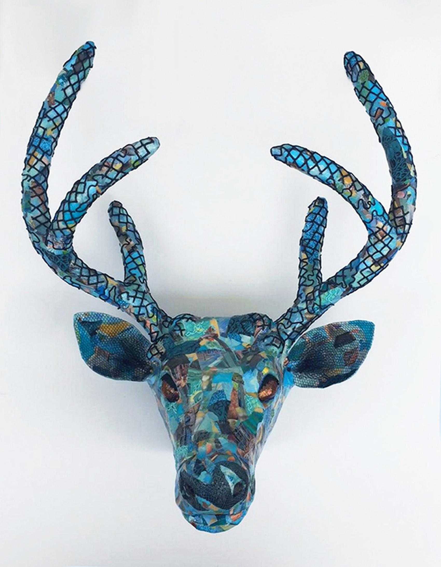 Banff- Beautiful Jeweled, Teal Sculpture of Endangered Deer in Up-Cyled Material - Contemporary Mixed Media Art by Yulia Shtern