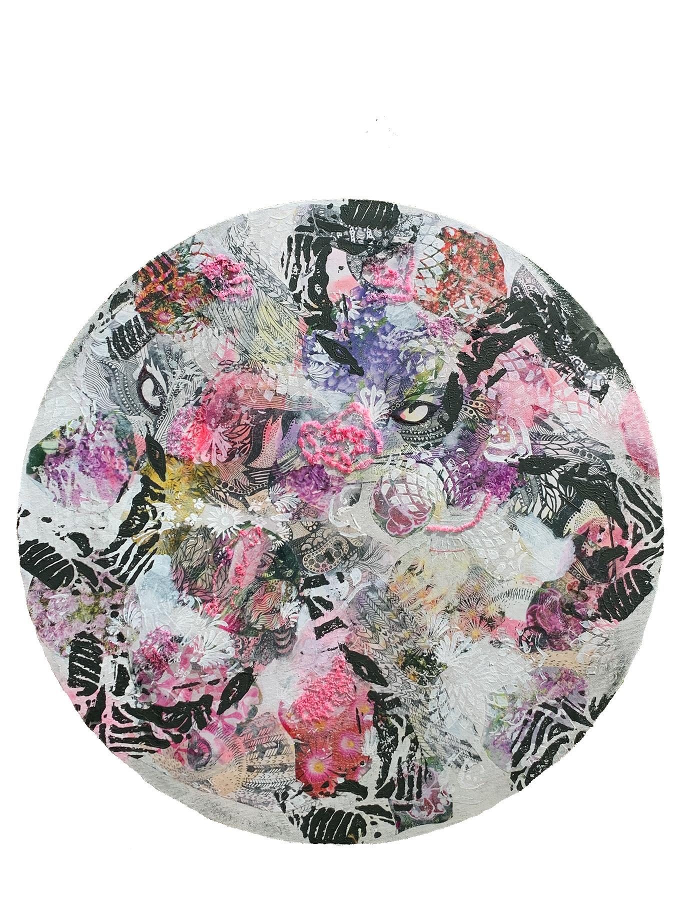 Tokolosh- Round Mixed Media Abstract Painting in Pink and White Circle Mythology