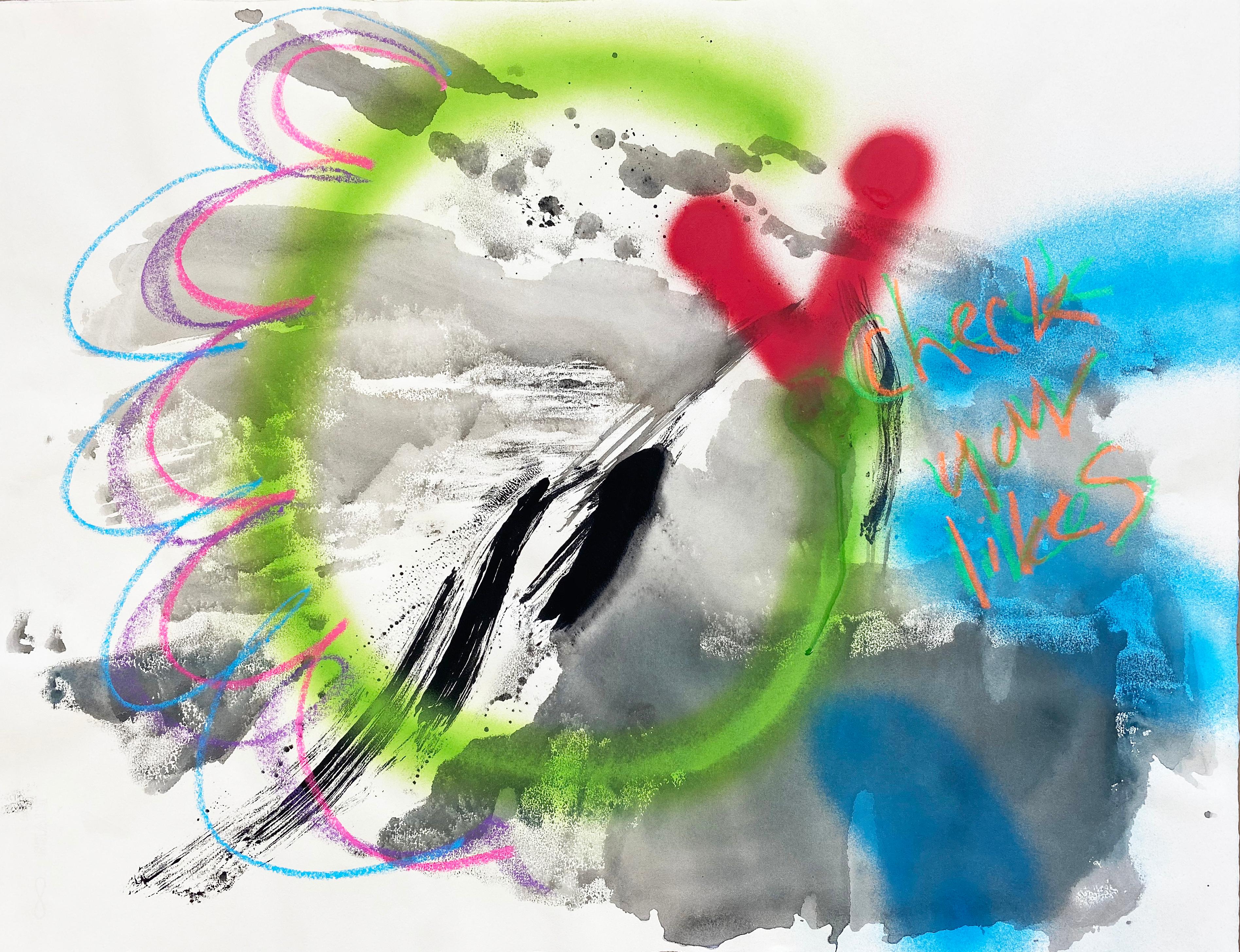 Abstract Drawing di Vivian Liddell - Controlla i tuoi gusti - Opera astratta contemporanea gestuale su carta Greene & Greene, Red, Blue