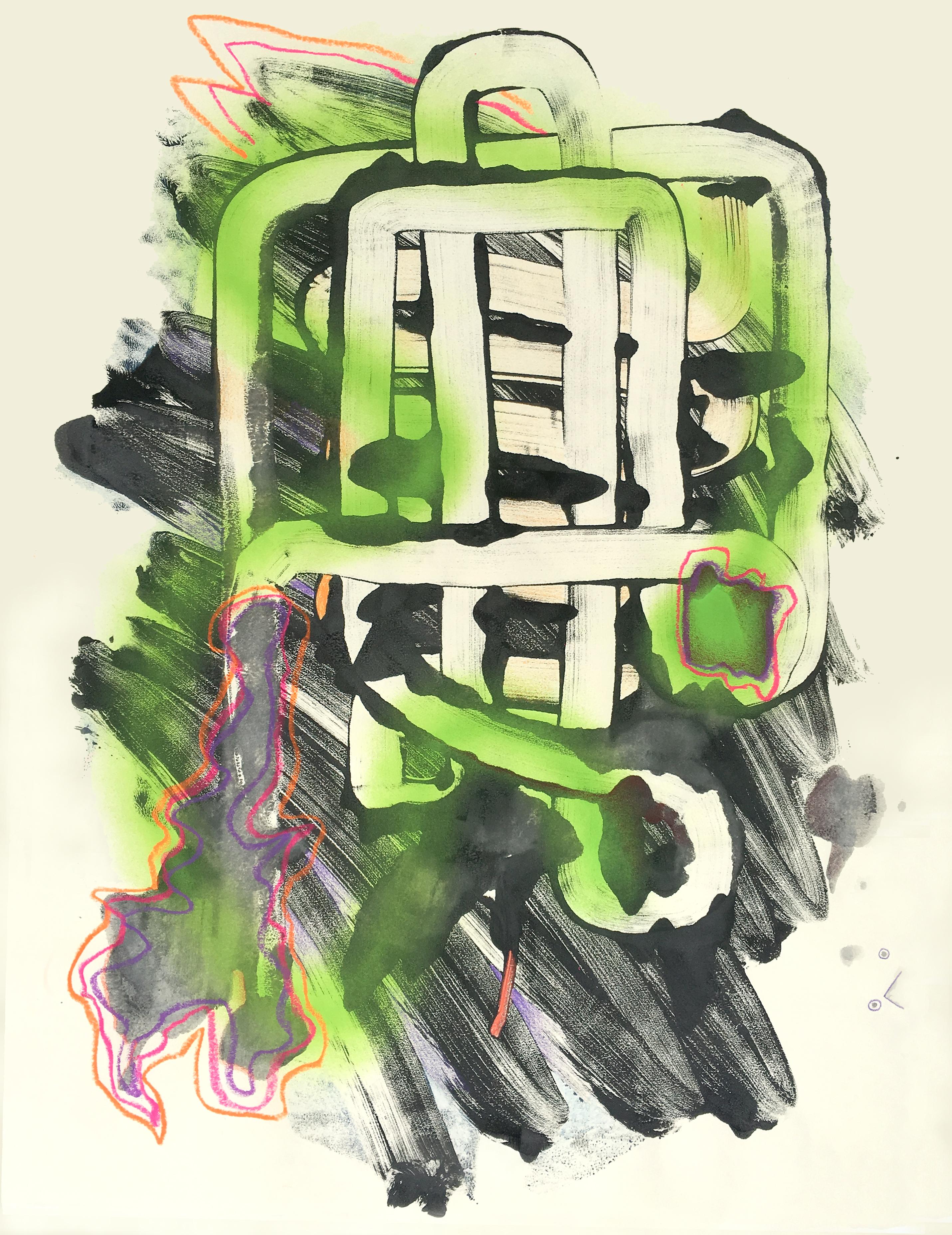 Vivian Liddell Abstract Drawing - Green Glow - Work on Paper Contemporary Neon Abstraction, Green and Black
