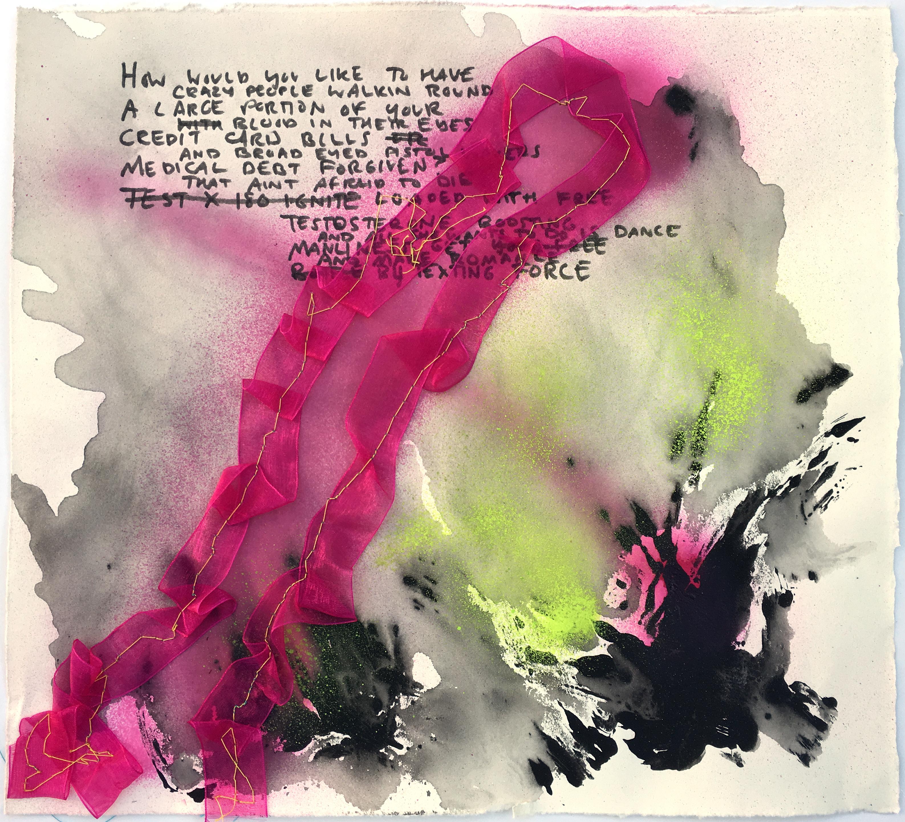 Vivian Liddell Abstract Drawing - How Would You Like To Have- Mixed Media Text Based Abstract Work on Paper
