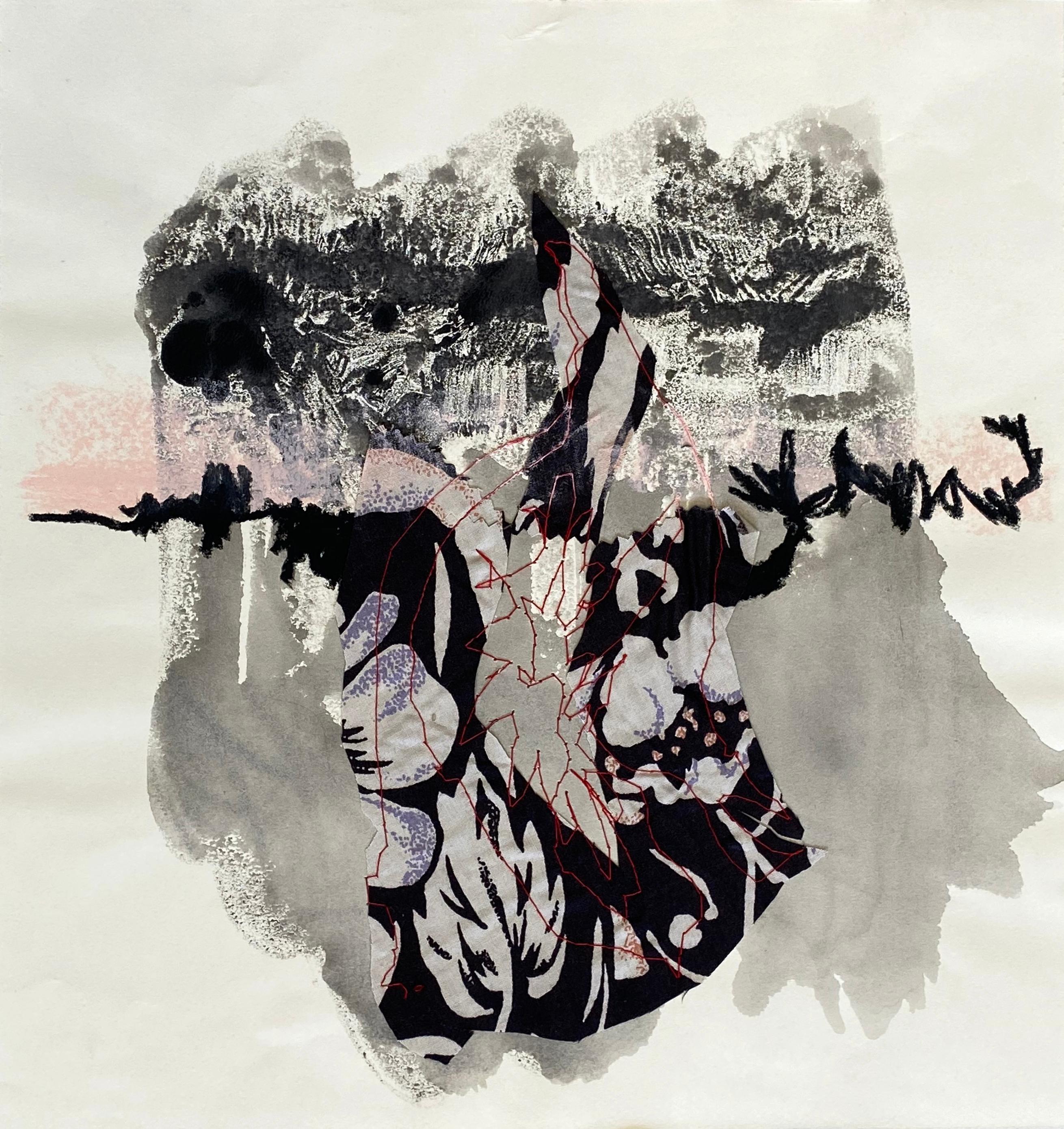 Vivian Liddell Abstract Drawing - Sarlacc Rising - Abstract Oil Pastel and Sewn Fabric Painting, Black and Pink