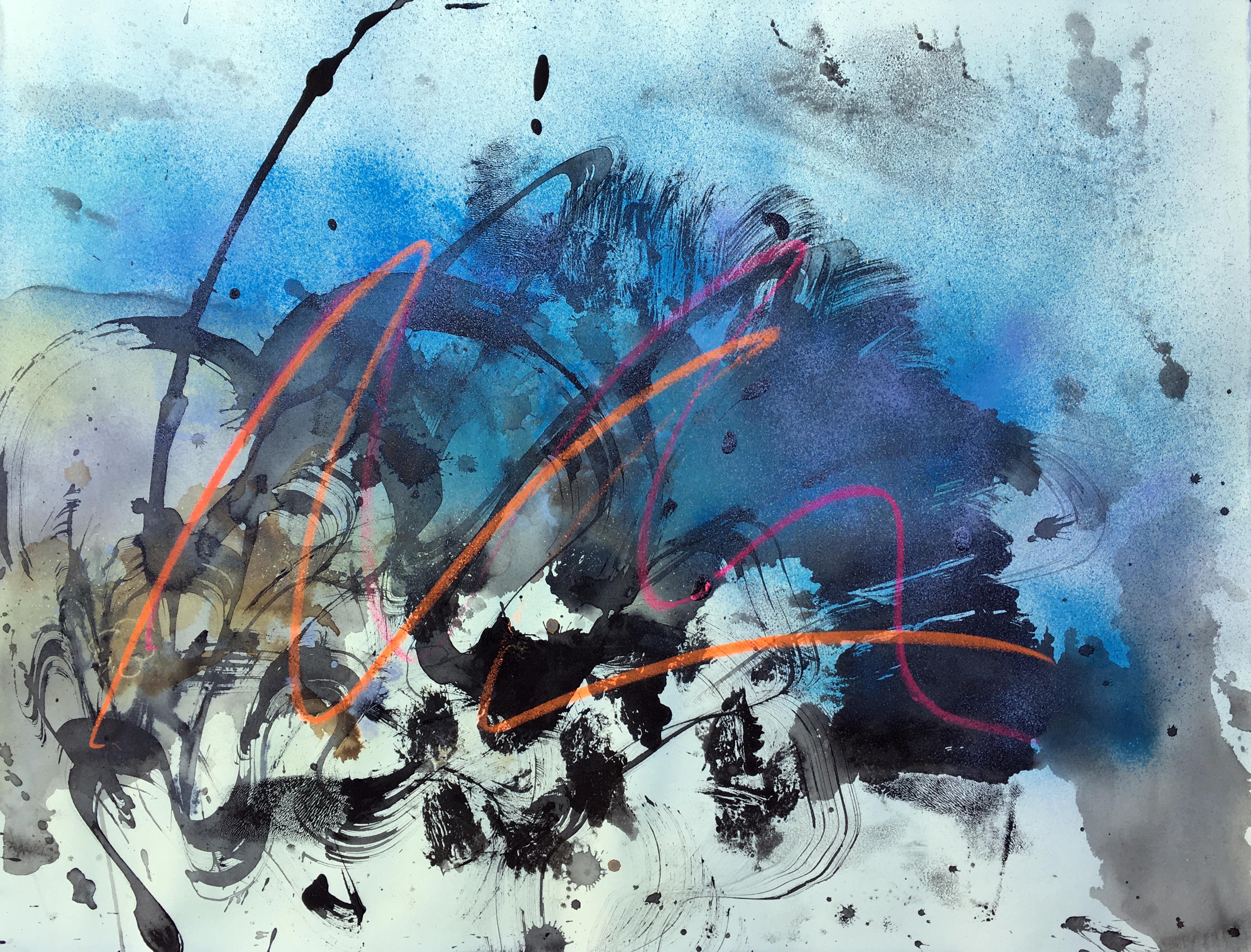Vivian Liddell Sketch With Gold Abstract Oil Pastel Spray Paint And Ink On Monotype Blue At 1stdibs