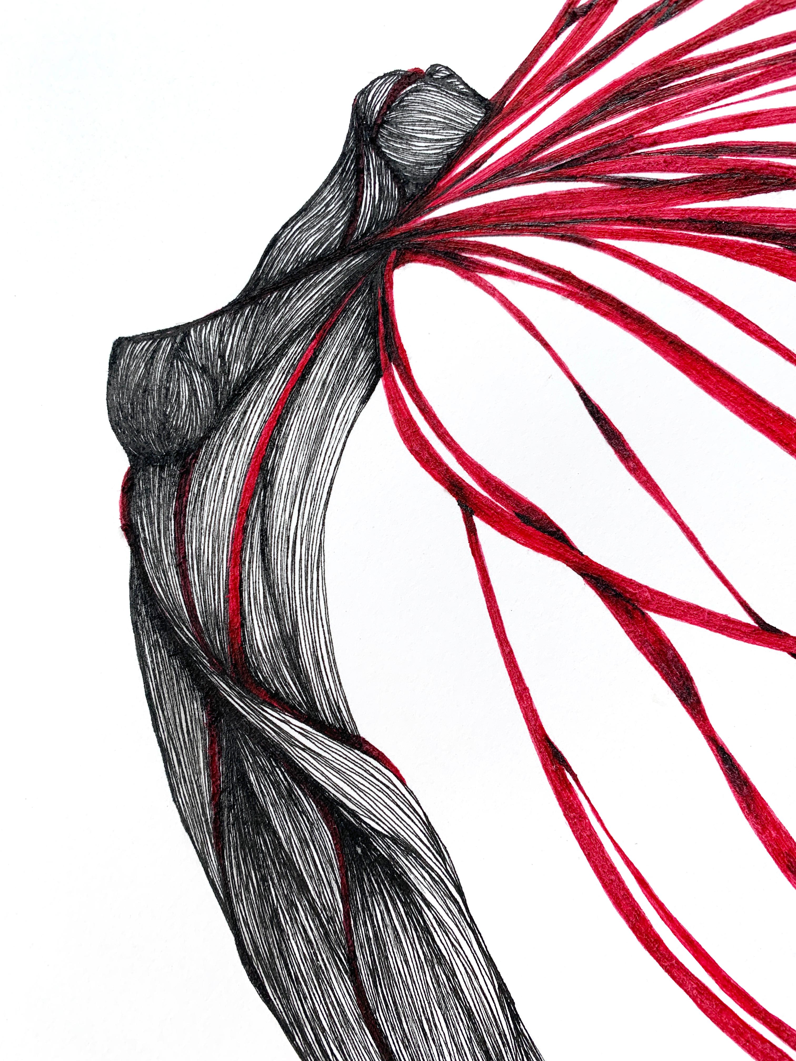 Garden Party VII  - Pen, Ink, Black White and Red Drawing of Female Figure 1