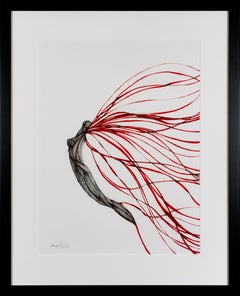 Party de jardin VII  - Crayon, encre, dessin noir, blanc et rouge d'une figure féminine