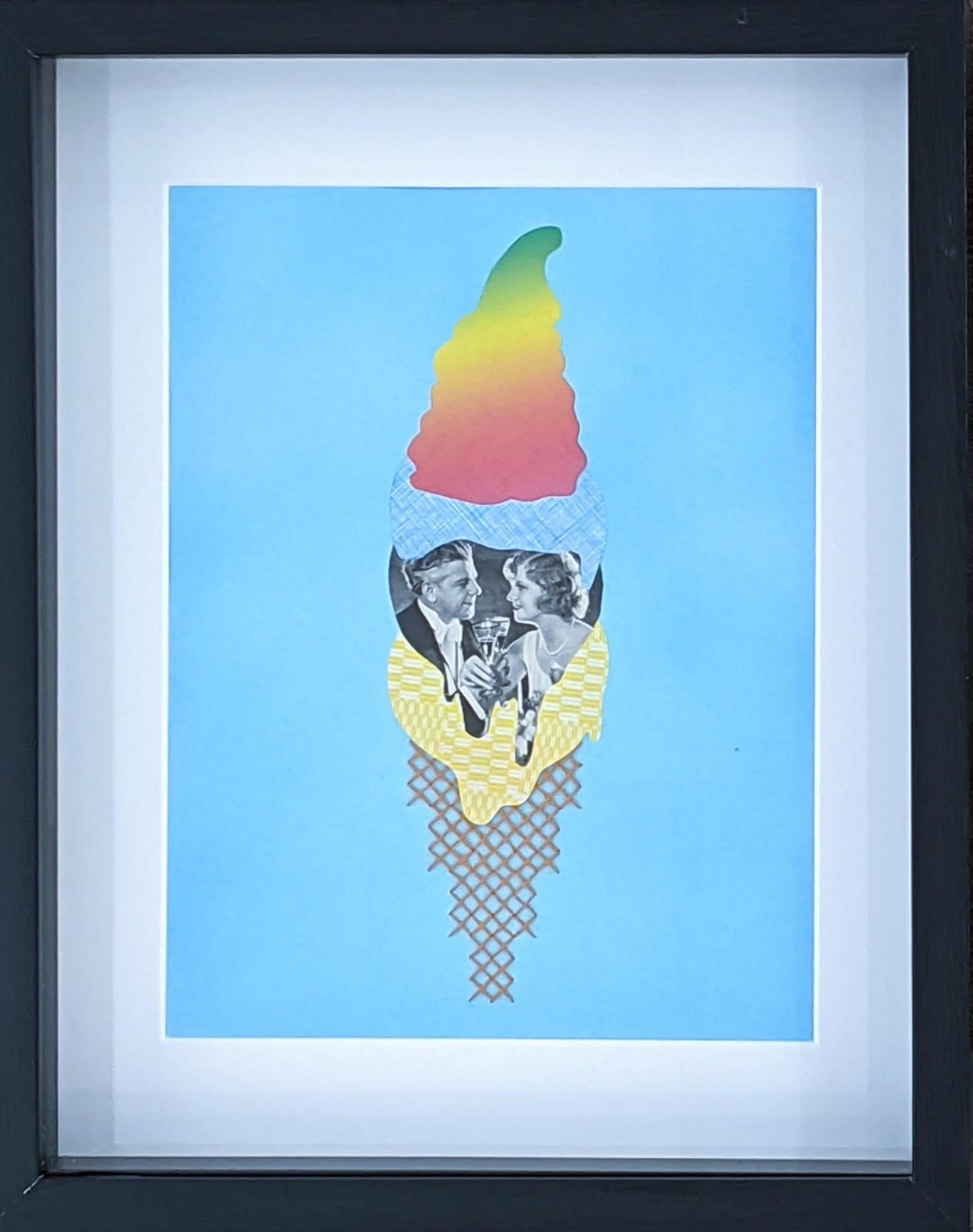 Lemondrop Love - Collage of Film Noir Couple as an Ice Cream Cone (Blue +Yellow)