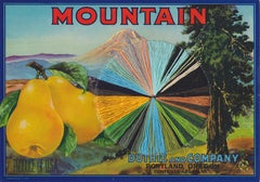 Mountain- Framed VintagePear Fruit Label Landscape, Yellow & Blue 