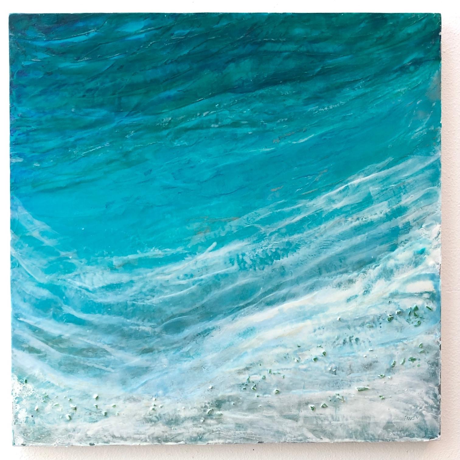 After Man - Abstract Ocean Landscape Seascape Beach in Blue + White  - Painting by Linda Frueh