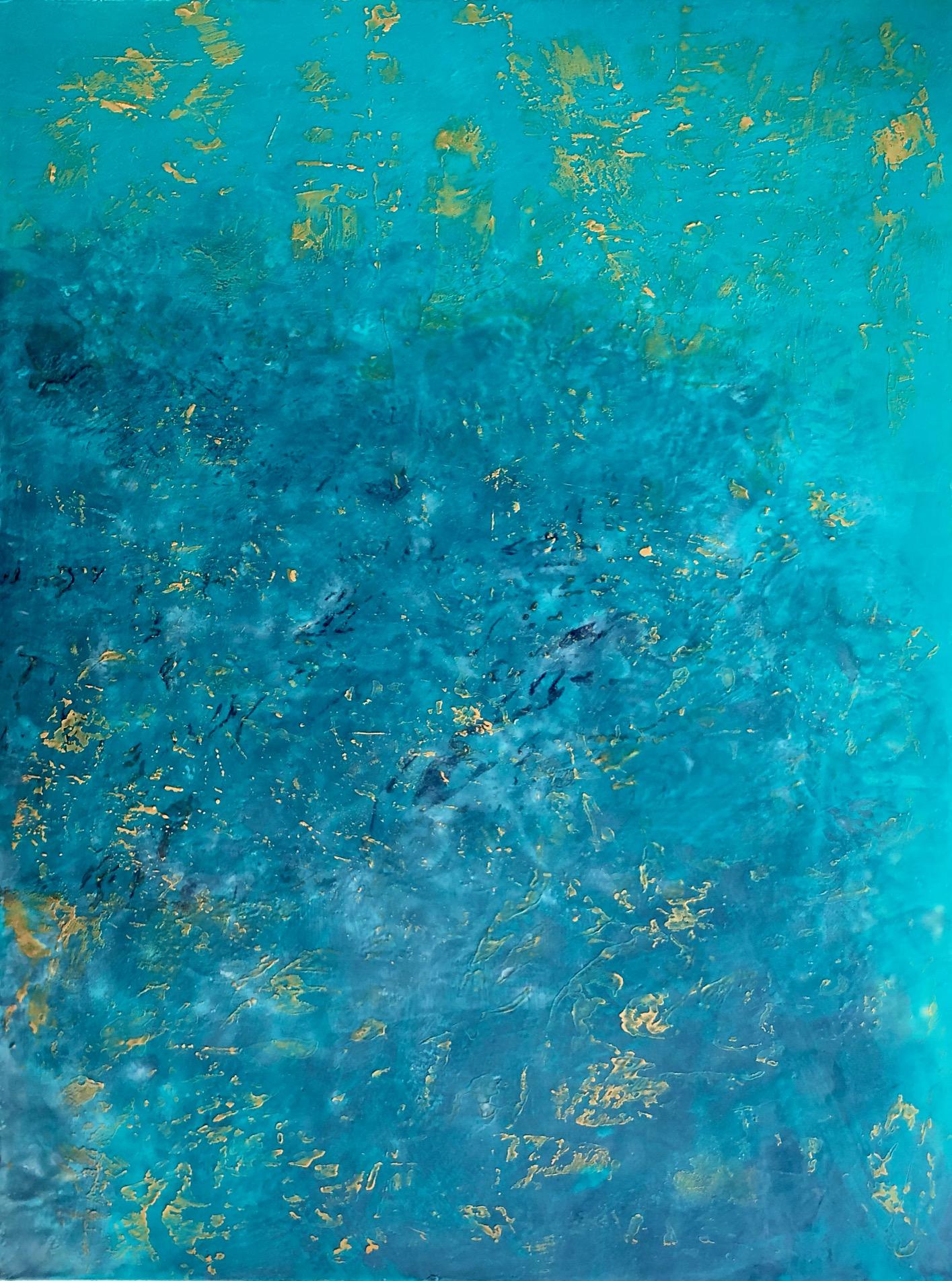 Linda Frueh Landscape Painting - Hope Floats - Rich Abstract Encaustic Wax Painting of Water Ocean in Blue + Teal