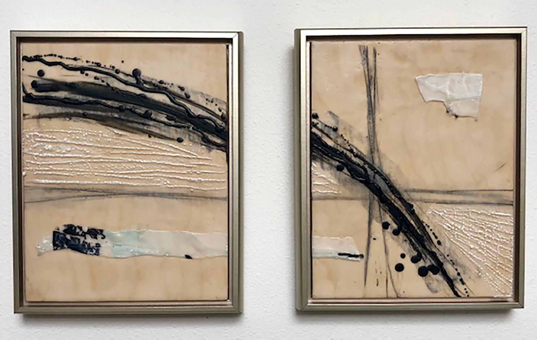 Linda Frueh Abstract Painting - Epic Journey - Dynamic Diptych Paintings Black + Tan + Mint -Modern in Neutrals