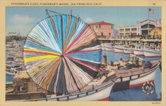 Fisherman's Wharf – Vintage-Postcard mit Fischerharf in Gelb, Rot und Blau