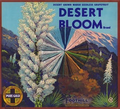 Desert Bloom- Vintage Image of Pear Label with Mountain Landscape, Yellow & Blu