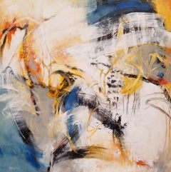 Spacewalker III - Pintura abstracta contemporánea en blanco + azul + amarillo + gris