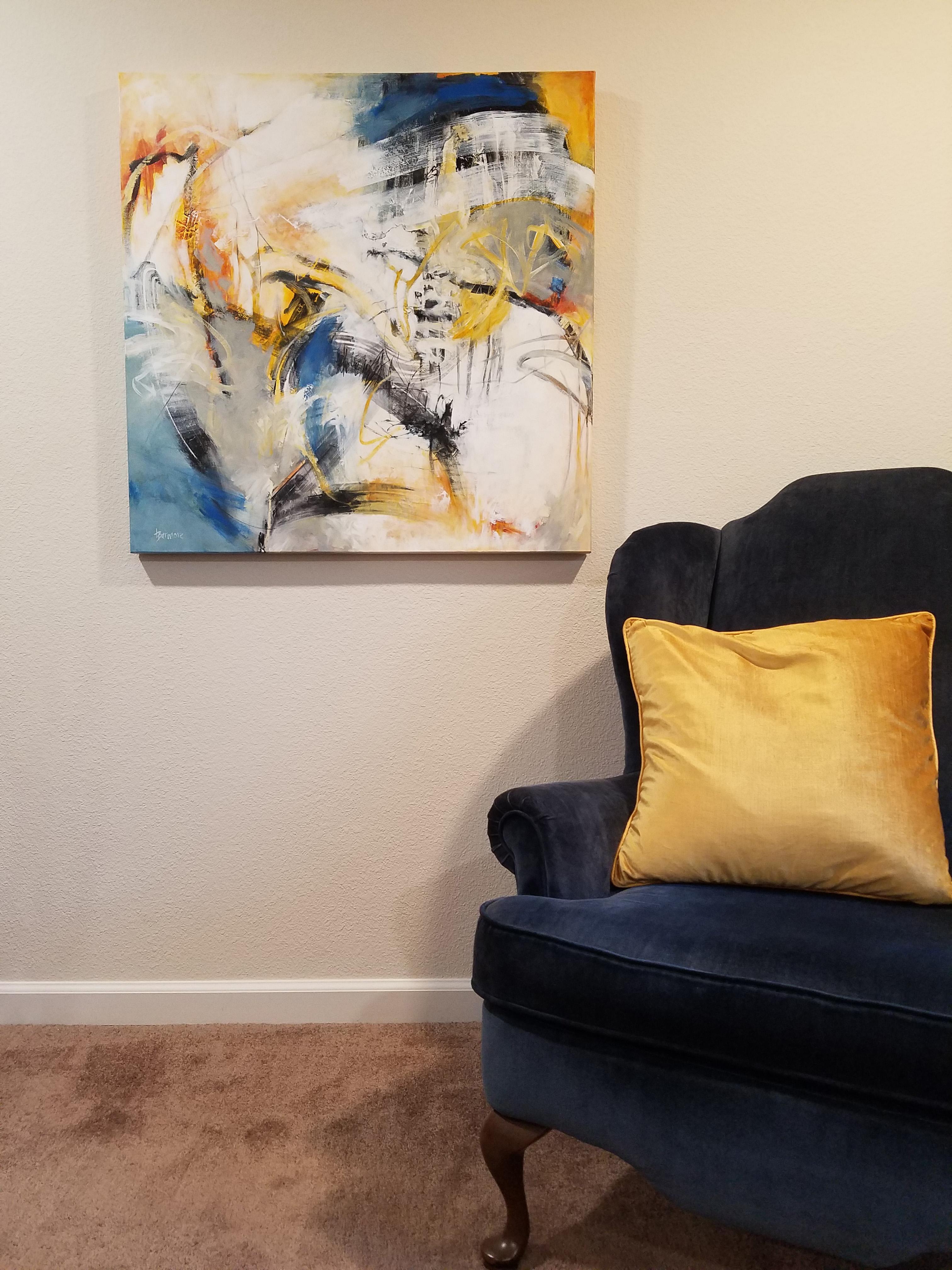 Spacewalker III - Contemporary Abstract Painting in White + Blue + Yellow + Grey For Sale 1