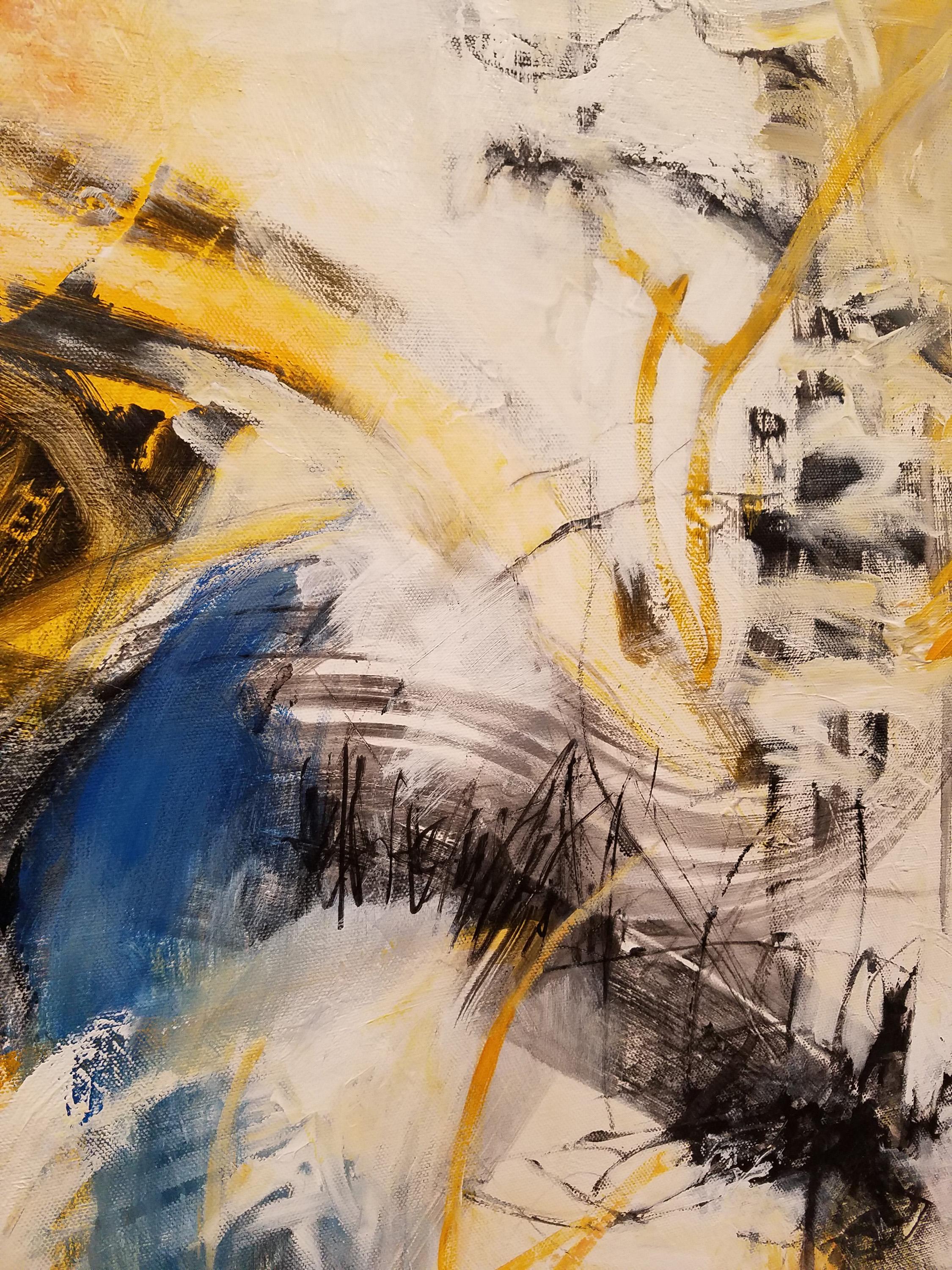 Spacewalker III - Contemporary Abstract Painting in White + Blue + Yellow + Grey For Sale 3