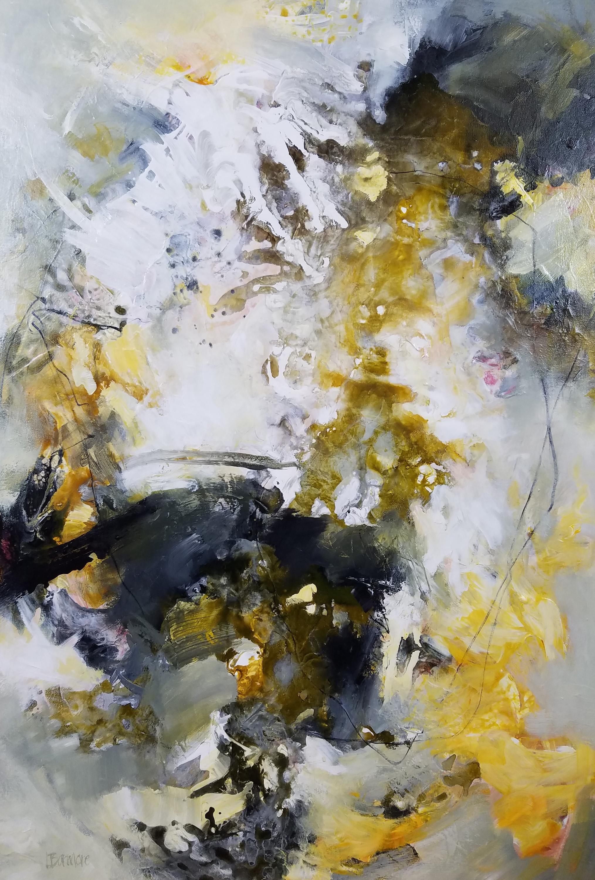 Laurie Barmore Landscape Painting - Step Lightly - Contemporary Abstraction Painting White + Gold + Grey + Yellow