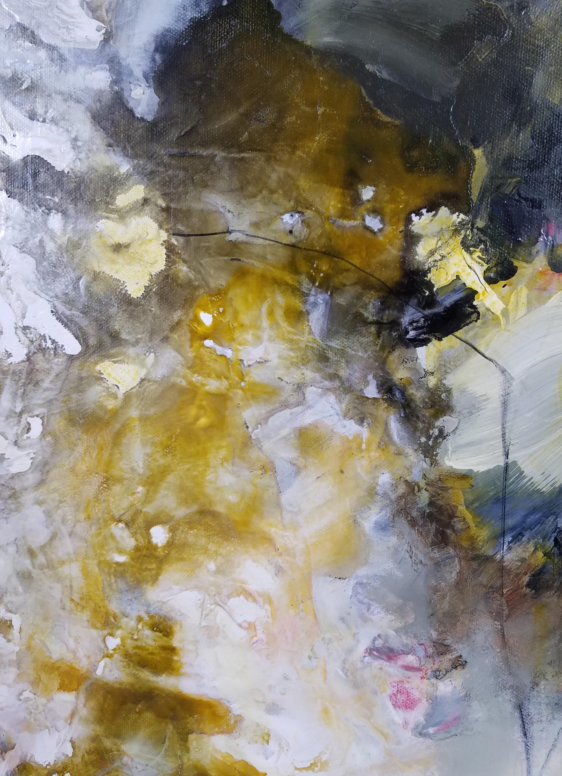 Step Lightly - Contemporary Abstraction Painting White + Gold + Grey + Yellow - Brown Landscape Painting by Laurie Barmore