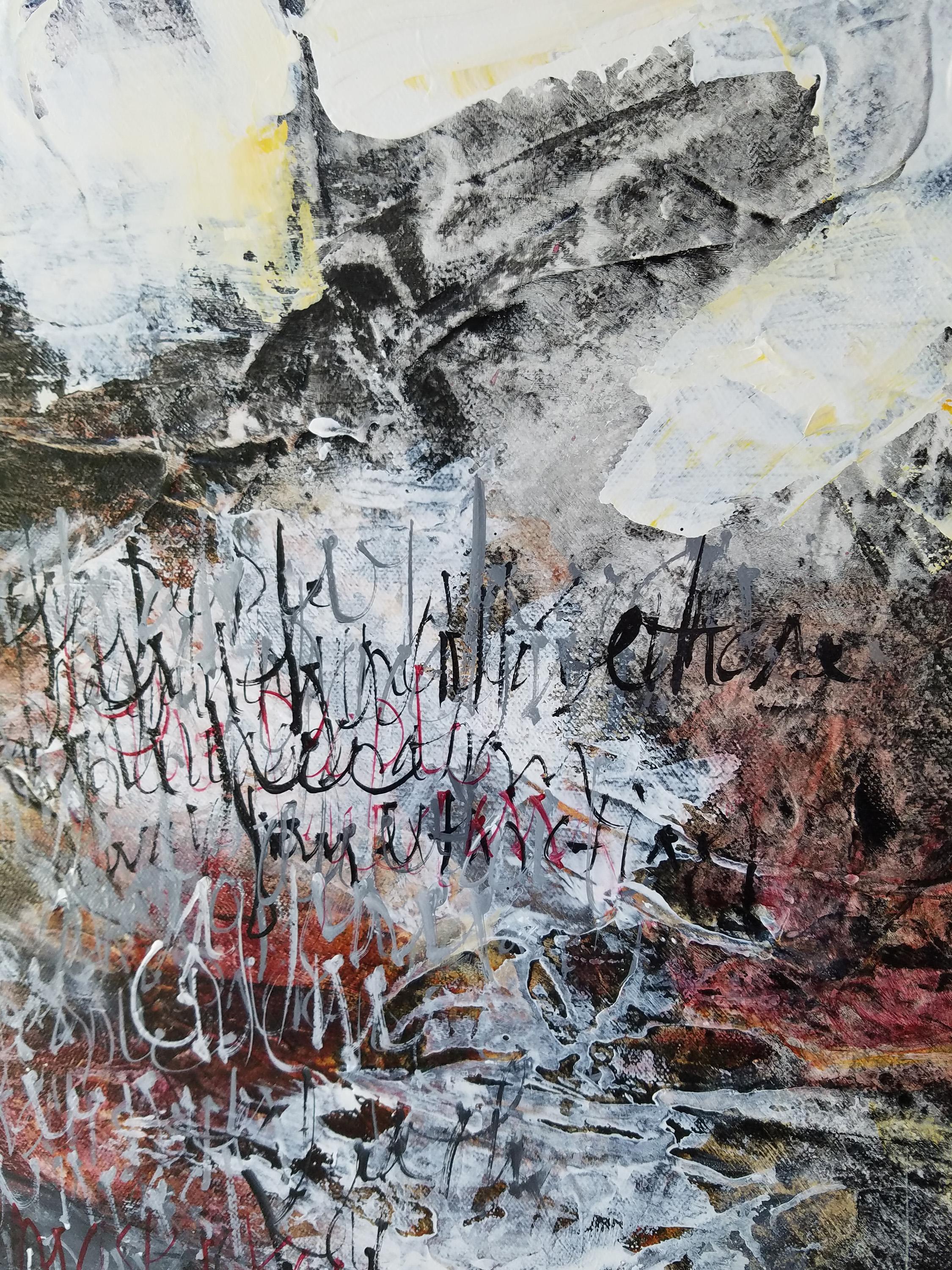 Si las Palabras fueran Llaves - Pintura Abstracta Conceptual Colores Morado + Negro + Blanco - Painting de Laurie Barmore