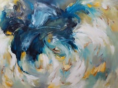 Storm Sky II - Dynamic Abstract Painting, Yellow + White + Blue Landscape 