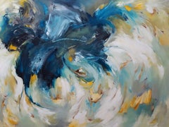 Storm Sky II - Dynamic Abstract Painting, Yellow + White + Blue Landscape