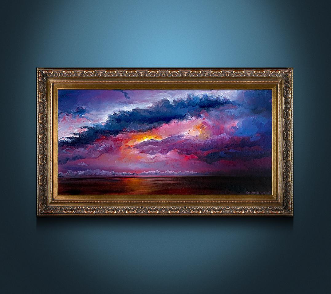 Natasha Kramskaya Abstract Painting - Red Sunset - Beautiful Pink + Purple + Orange Seascape Sunset 