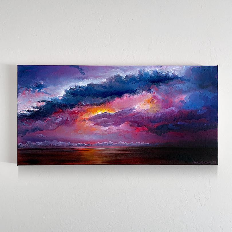 Red Sunset - Beautiful Pink + Purple + Orange Seascape Sunset  - Black Abstract Painting by Natasha Kramskaya