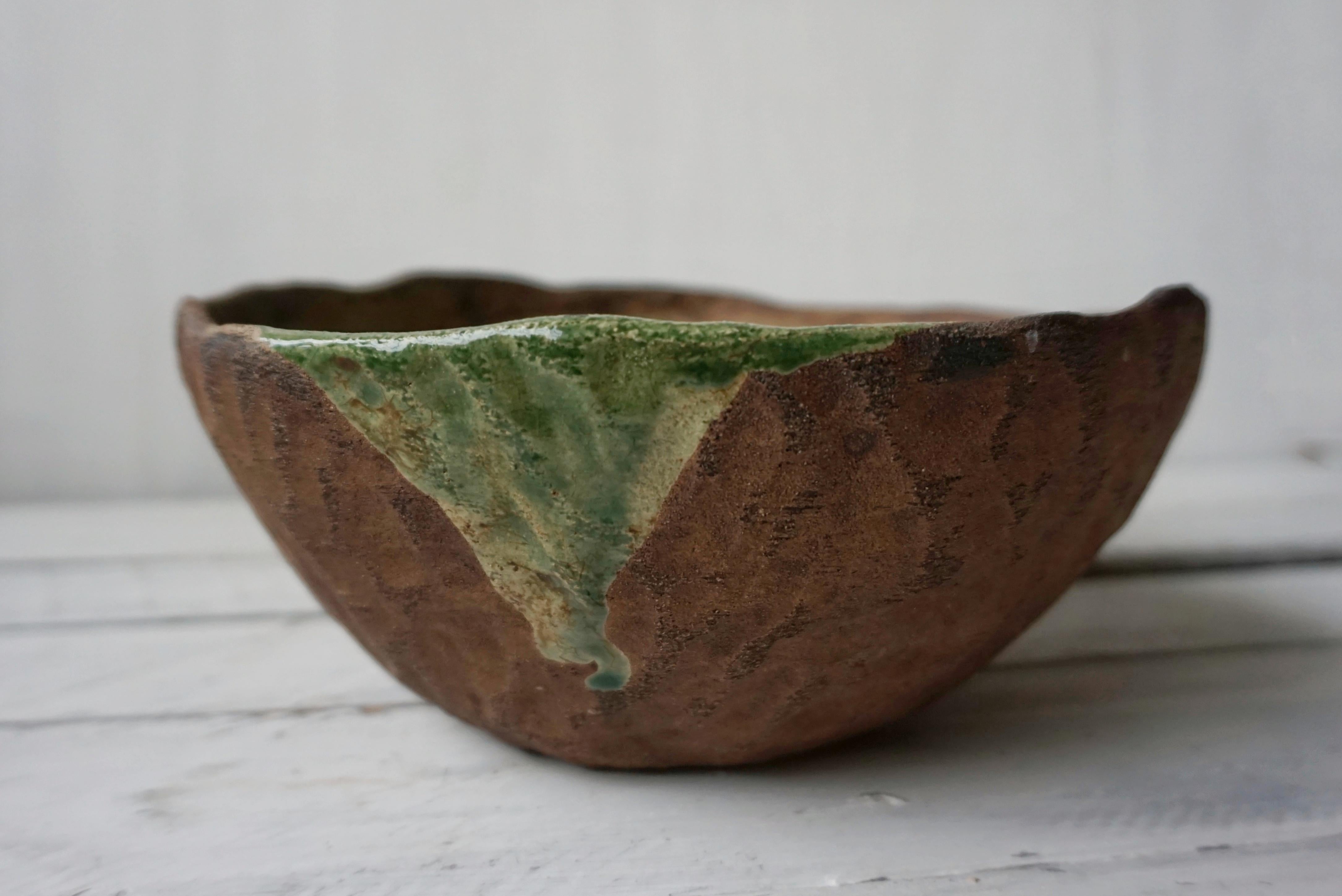 Green Bowl- Unique Rustic Handmade Chamotte Clay Ceramic Bowl  Green Glaze  - Art by Kate Voronina