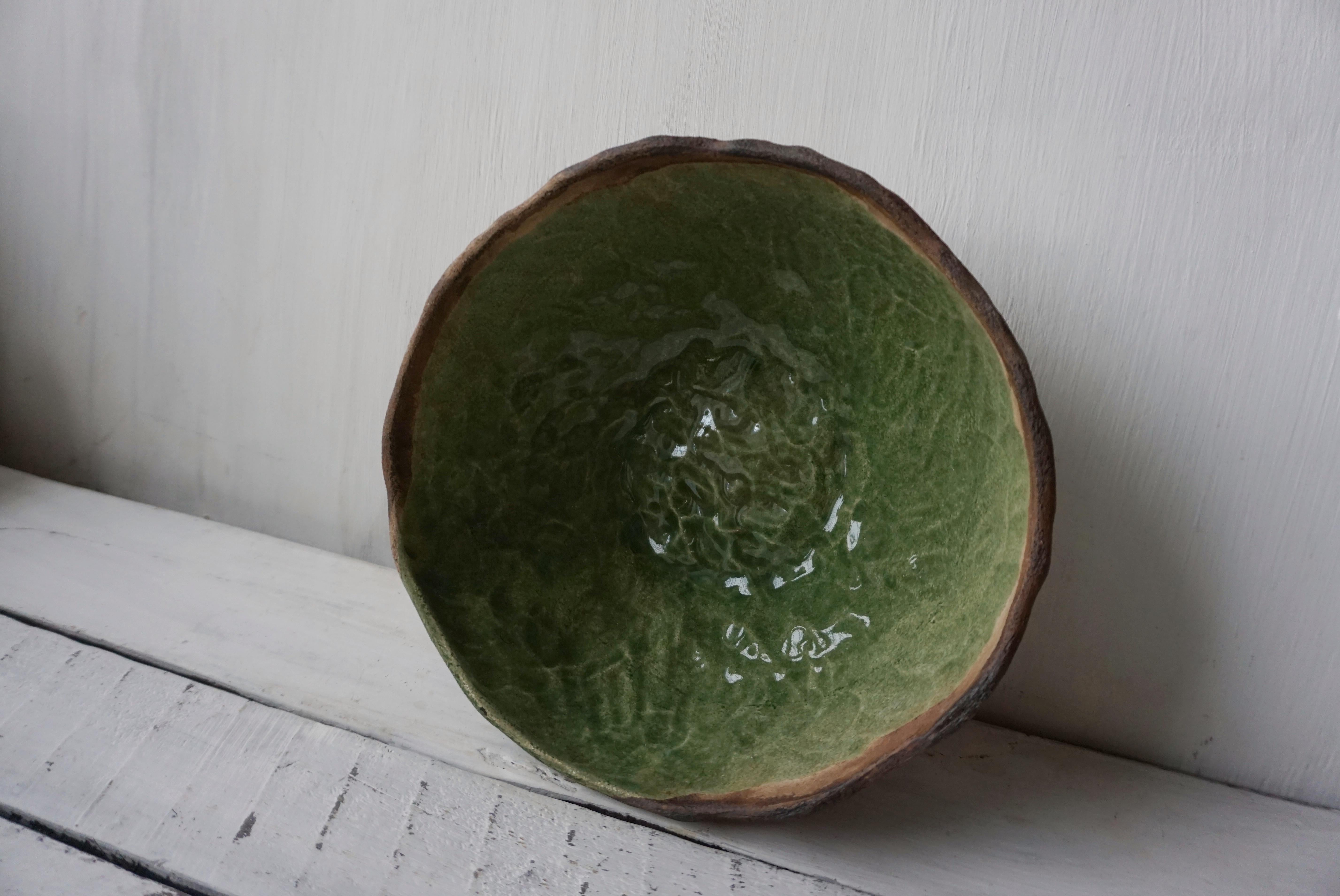 Green Bowl- Unique Rustic Handmade Chamotte Clay Ceramic Bowl  Green Glaze  - Contemporary Art by Kate Voronina