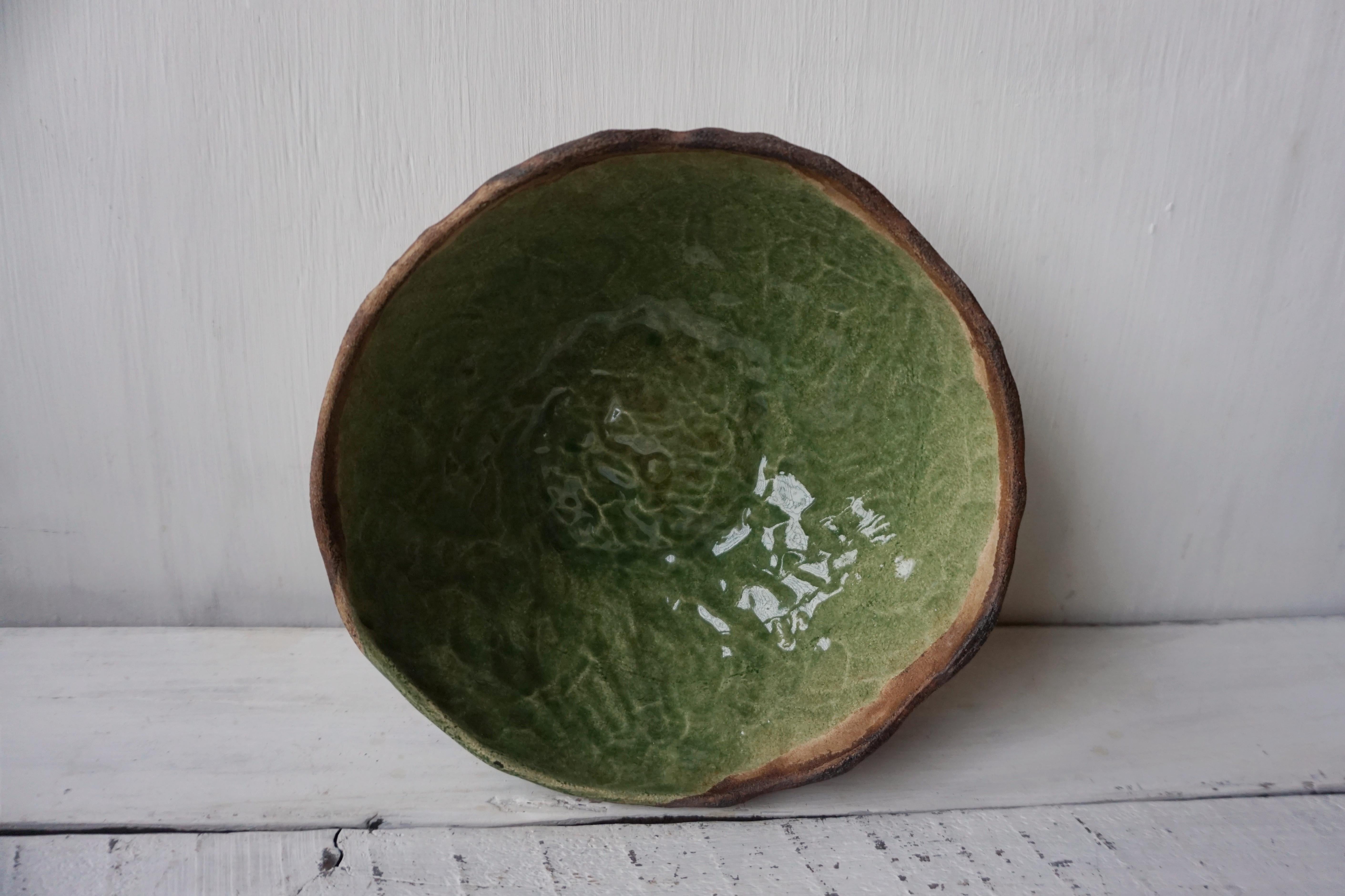 Green Bowl- Unique Rustic Handmade Chamotte Clay Ceramic Bowl  Green Glaze  For Sale 1
