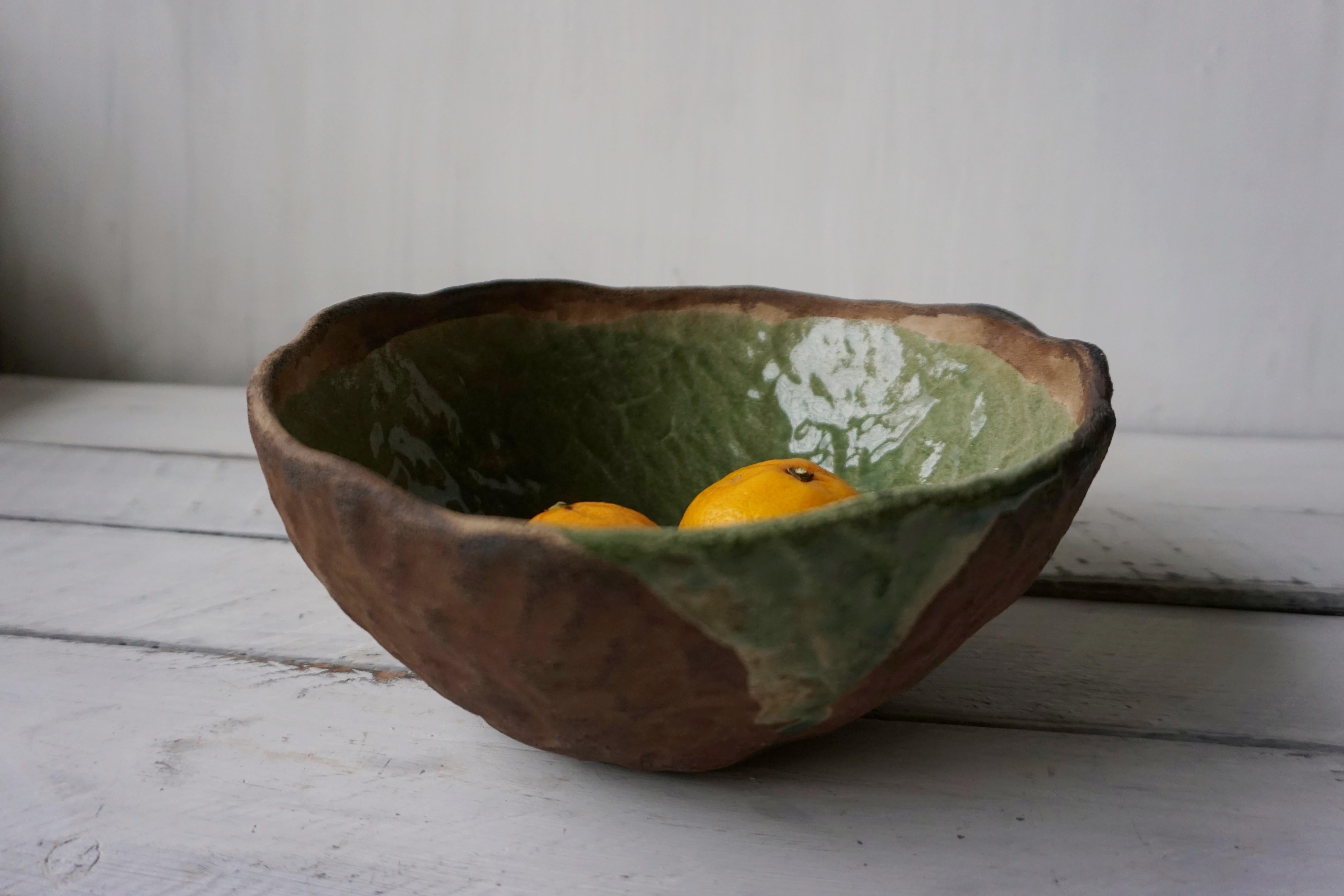 Green Bowl- Unique Rustic Handmade Chamotte Clay Ceramic Bowl  Green Glaze  For Sale 2